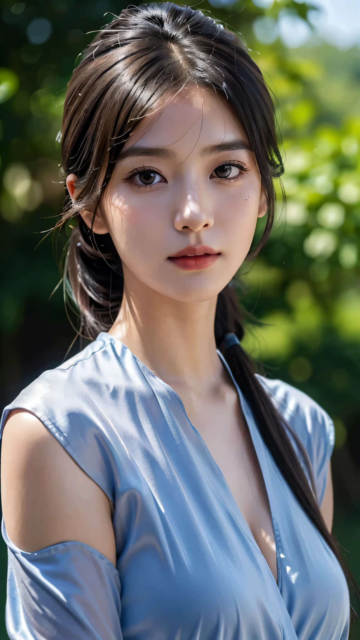One woman,fully body photo,masutepiece, The highest image quality, High quality, the background is clear,Beautiful woman, Japanese, Detailed, Detailed eyes, Detailed skin, Beautiful skin, 超hight resolution, (reality: 1.4),Very beautiful woman, Slightly younger face, Beautiful skin, slender, (Ultra photo realsisim), (hight resolution), (8K), (Very detailed) (beautifully detailed eyes), (super detailed), (Detailed face), view the viewer, Fine details, Detailed face, Staring straight ahead, Staring straight ahead, photos realistic, Bright lighting, Professional Lighting, Black hair,poneyTail,a ,sixteen yTail,ロングのponeyTailの髪型,Clear sky, on grass,slight smile,sleeveless robe worn by commoners