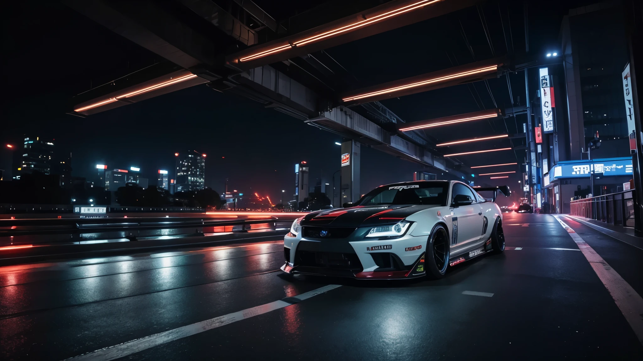 Create image of drift style tuned car driving at night through the streets of Tokyo