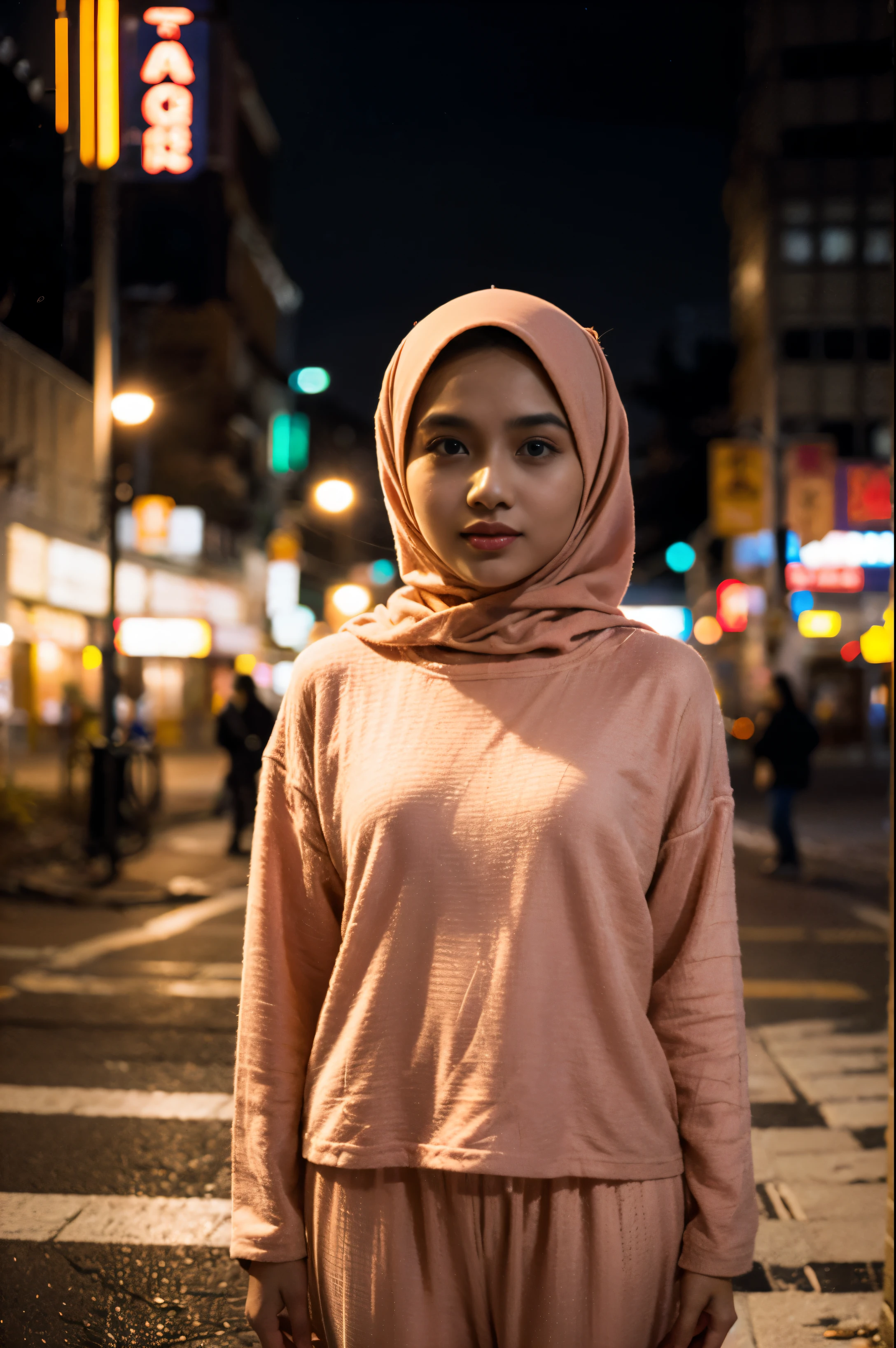 a beautiful malay girl in hijab and tight pyjamas standing in a empty city street, body, nighttime, 35mm lense, Top-Down Shot, Deep Focus cinematography effect, Natural Lighting, cool-toned color grading, high quality, ultra detail, 8k resolution,