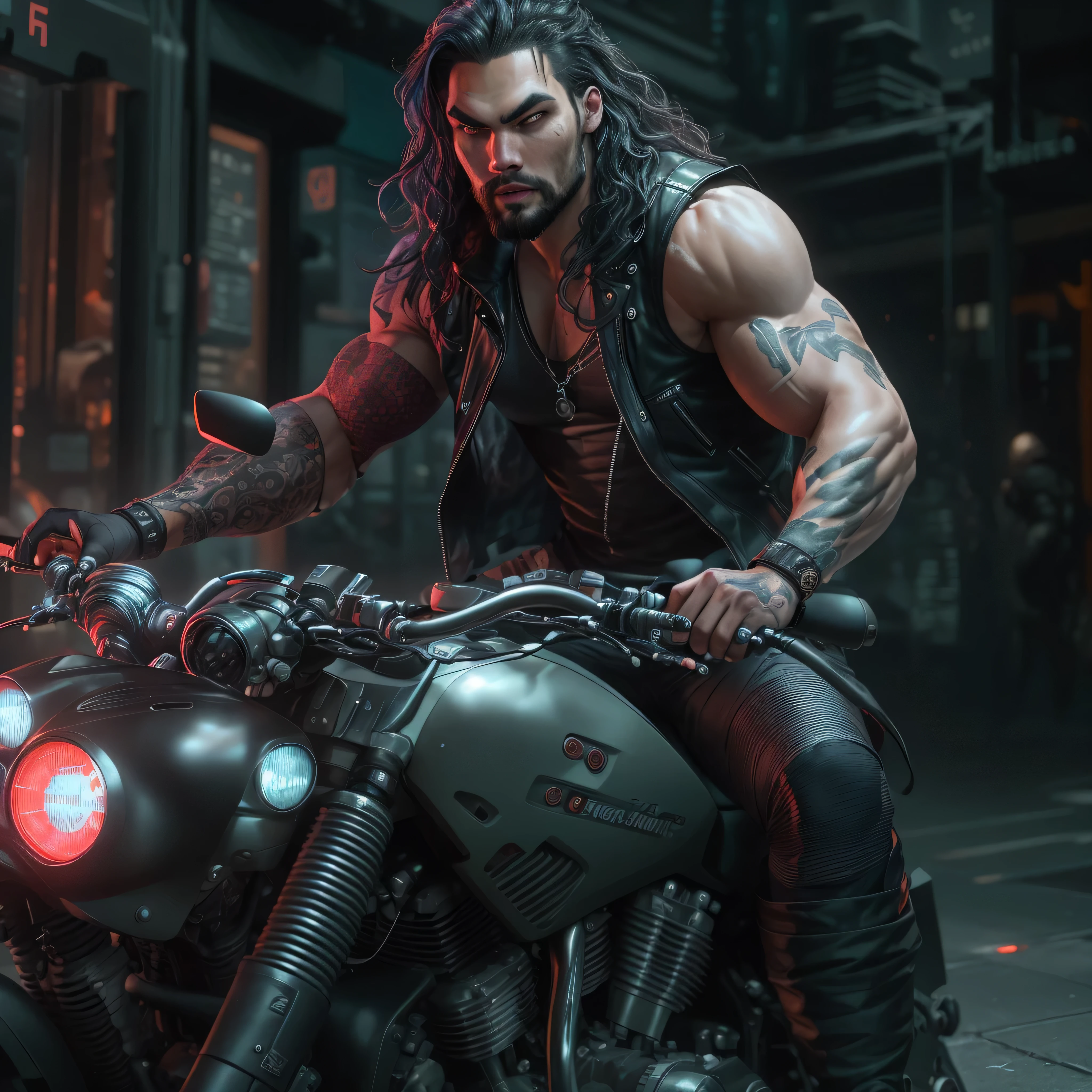 Full body image, a photo of Jason Momoa as Lobo from DC comics, muscular, ((((ghostly pale skin)))), (((red eyes))), sleeveless black biker vest, riding space sci-fi cyberpunk motorcycle, Intricate, High Detail, Sharp focus, dramatic, photorealistic digital art, photo-realistic, octane render, unreal engine, ultra-realistic