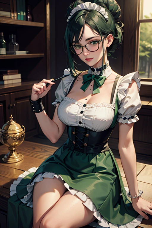 highres, sharp focus, pixiv masterpiece, ((intricate details)), highly detailed, yuri alpha, Eva Green, (green wristband, green gauntlets, spikes,:1.1) glasses, green eyes, maid, single hair bun, dress, choker, bowtie, maid apron,