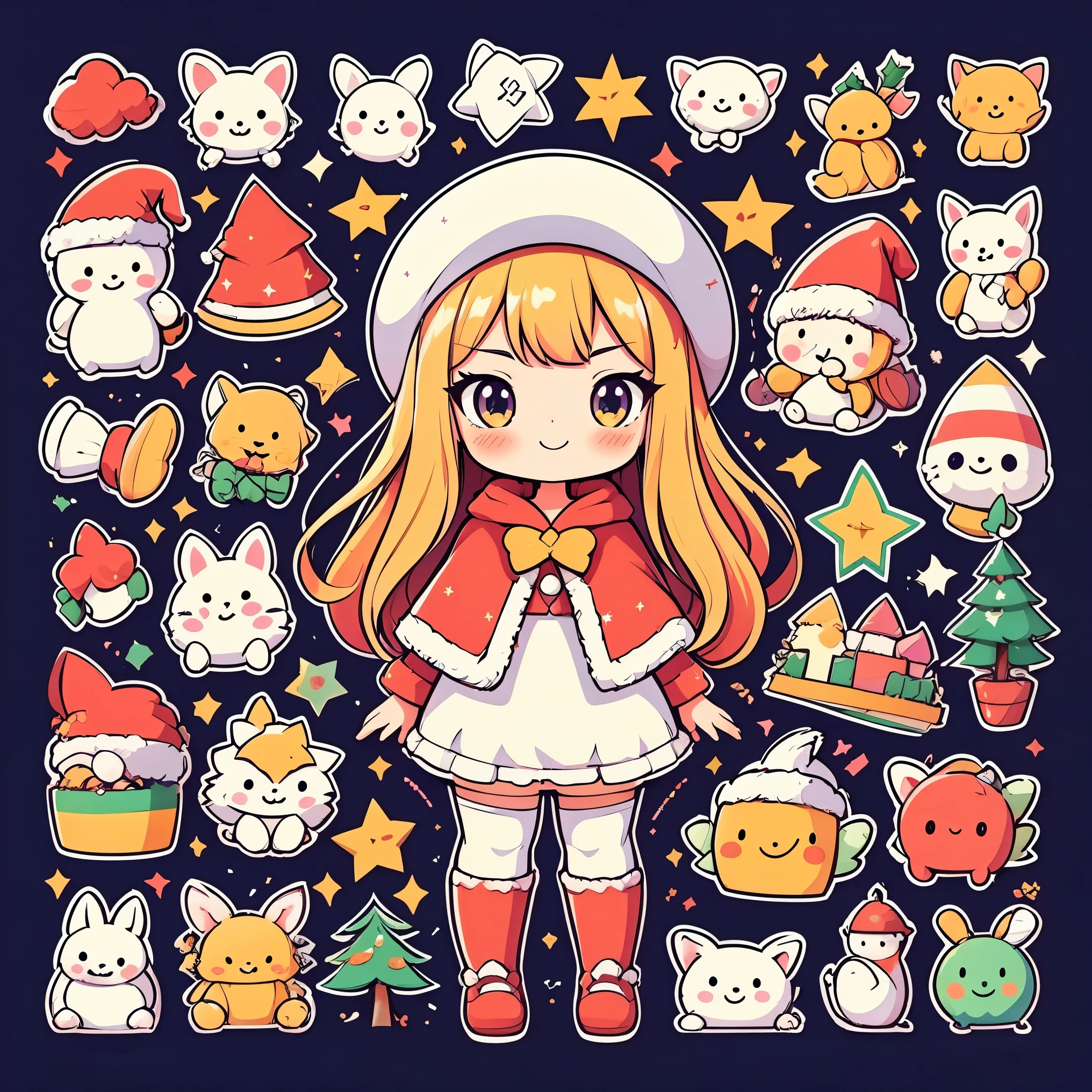 (Girl in Santa costume、vector illustrations、sticker design)、(top-quality、hight resolution: 1.2)、vivd colour、playful style、detailed line art、Festive atmosphere、Winter wonderland、Glowing snowflakes、Cute expression、fun mood、a smile、red outfit、fluffy white trim、striped stockings、Pointy hat、flowing cloak、Golden bell、cheerful background、Snowy trees々and home、christmas ornaments and gifts、Snow runs、sparkling stars、Happy Holidays!