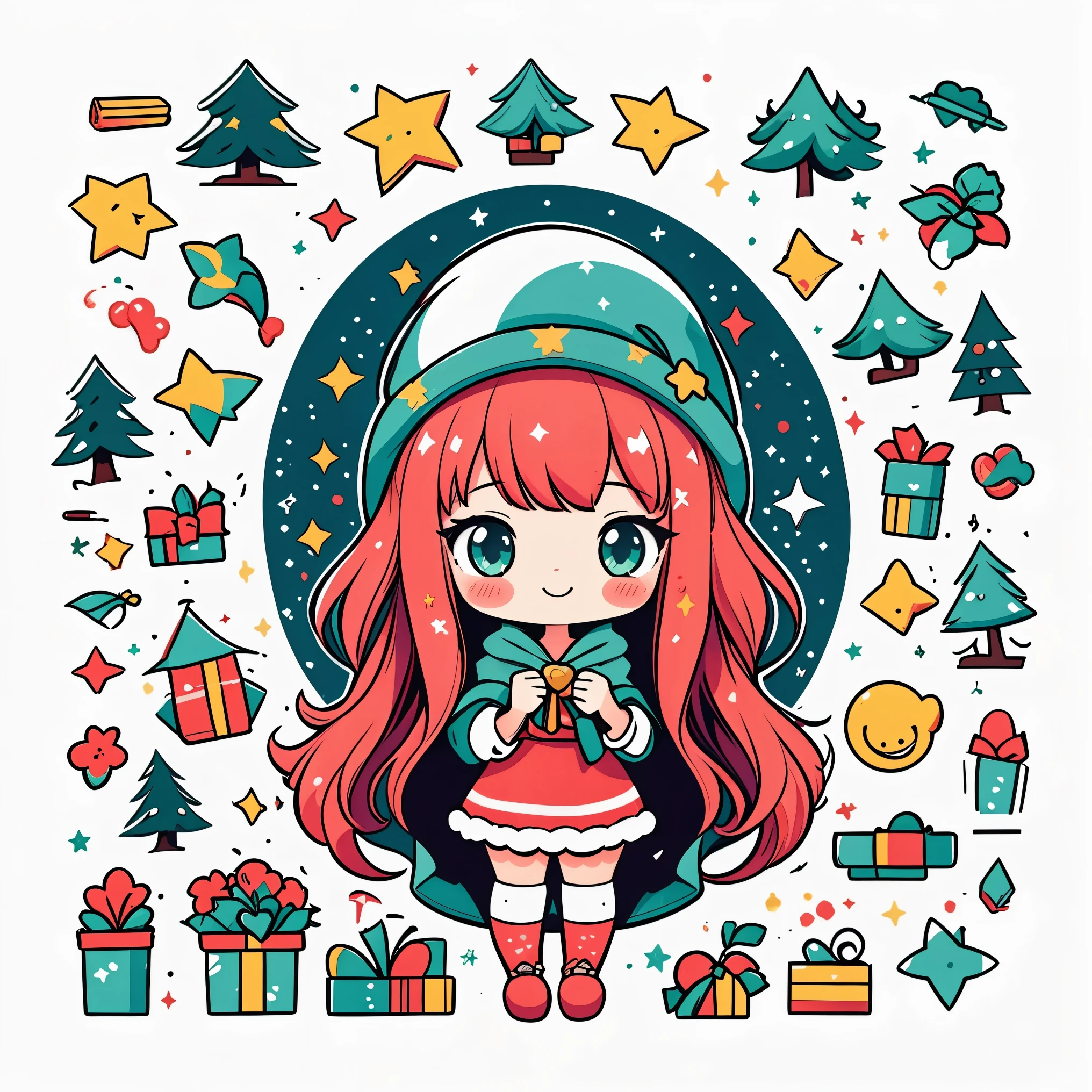 (Girl in Santa costume、vector illustrations、sticker design)、(top-quality、hight resolution: 1.2)、vivd colour、playful style、detailed line art、Festive atmosphere、Winter wonderland、Glowing snowflakes、Cute expression、fun mood、a smile、red outfit、fluffy white trim、striped stockings、Pointy hat、flowing cloak、Golden bell、cheerful background、Snowy trees々and home、christmas ornaments and gifts、Snow runs、sparkling stars、Happy Holidays!