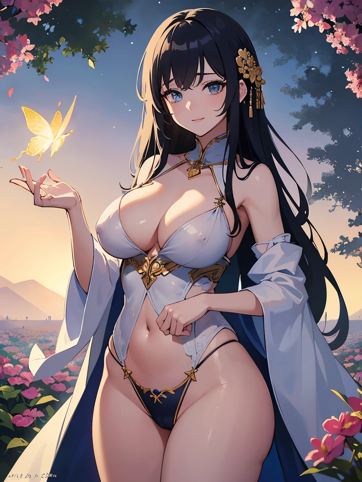 Beautiful, detailed eyes; long eyelashes; rosy lips; flowing, wavy hair, decorated with flowers; graceful, slender figure; wearing a flowing, elegant robe; holding a staff adorned with mystical symbols; surrounded by a celestial aura; standing in an enchanted garden; filled with vibrant, colorful flowers; butterflies dancing around; rays of sunlight piercing through the trees, creating a magical atmosphere; a sense of tranquility and peace; high-resolution illustration; photorealistic details; vivid colors; bokeh effect; surrealistic art style; warm and dreamy color tones; soft, diffused lighting.(masterpiece, highest quality, highest quality, official art, beautiful and aesthetic:1.2), (1 girl), very detailed目, (fractal art:1.3), colorful, most detailed, (perfect face), shiny skin, HDR, milky way, (light streaks), striking visuals, (dynamic streaks, Path of Light:1.2), bright colors,((巨大なtits、tits、cleavage、Erect nipples are clearly visible、erotic face、Open your legs to emphasize your pants、thighs)) 、highest quality,In 4K,8K,High resolution,debris flies:1.2,Super detailed,reality:1.37, ticker,ticker,studio lighting,Ultra-fine painting,titsのシャープなフォーカス,Physically based rendering,extreme details,Professional specifications,Vividness and color、view from below,Have sex from before,masterpiece,Showing off her perfect and erotic white thong panties in Fulco)),((lewd panties))、美しいthighs、Low - Angle:1.4、highest quality, very detailed,Beautiful smile、big breasts、adultery、camel toe、black hair、futanari devil、big breasts、erect male genitalia