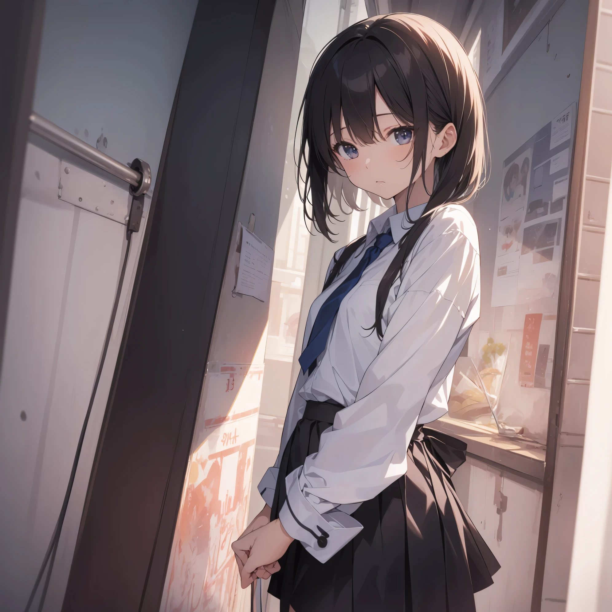 Super high quality by the art god, super detailed, High resolution, Shinkai Makoto style, anime moe art style, best anime 8K konachan wallpaper, pixiv contest winner, perfect anatomy, break,(眠そうにalone学校へ行く女の子を描いてください. )break, 1 girl, (alone,little woman, lolita, , :1.3),All limbs, full finger,, The charm of an immature body, (very short hair), flat chest, small ass, between legs, Small black eyes, beautiful and fine eyes, Well-proportioned iris and pupils, expressive eyes, High resolutionの詳細な髪, wearing school uniform, (skirt),(detailed lighting), (detailed background), On the way to school. break,super dense skin, Best lighting by famous artists, 8K, figure,UHD, rough skin