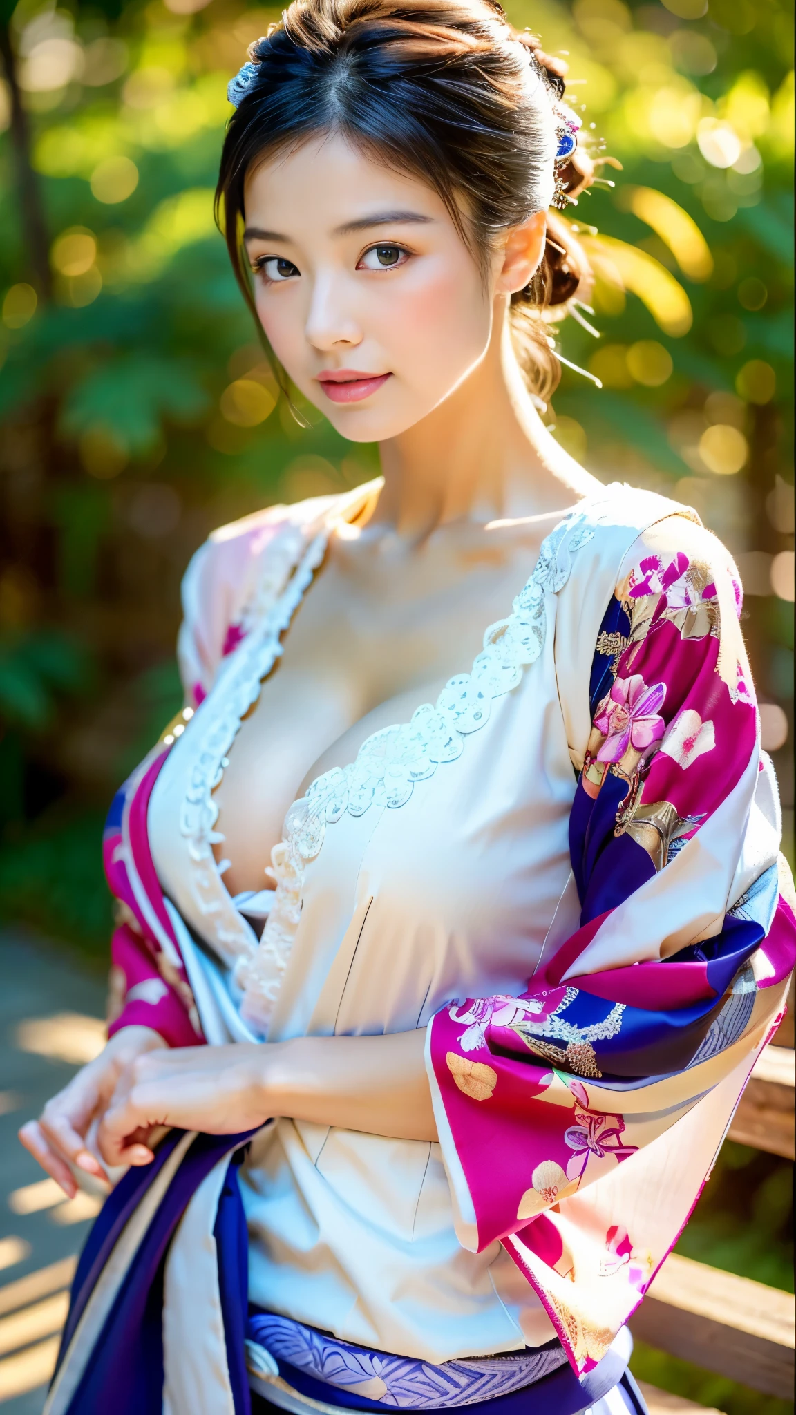 (highest quality、16k、32K、masterpiece、ultra high resolution)、((kimono、kimono))、(huge )、(((have cleavage)))、((heavy chest))、(long hair)、abs、perfect body、(((armpit))),   clavicle、beautiful butt,super detailed face、double eyelid、((belly button))、mysterious look、美しく繊細なkimono、high contrast、((color々sexy pose、Natural light))、beautiful butt、tattoo、eyes shine、美しい柄のkimono、big hair ornament on the head