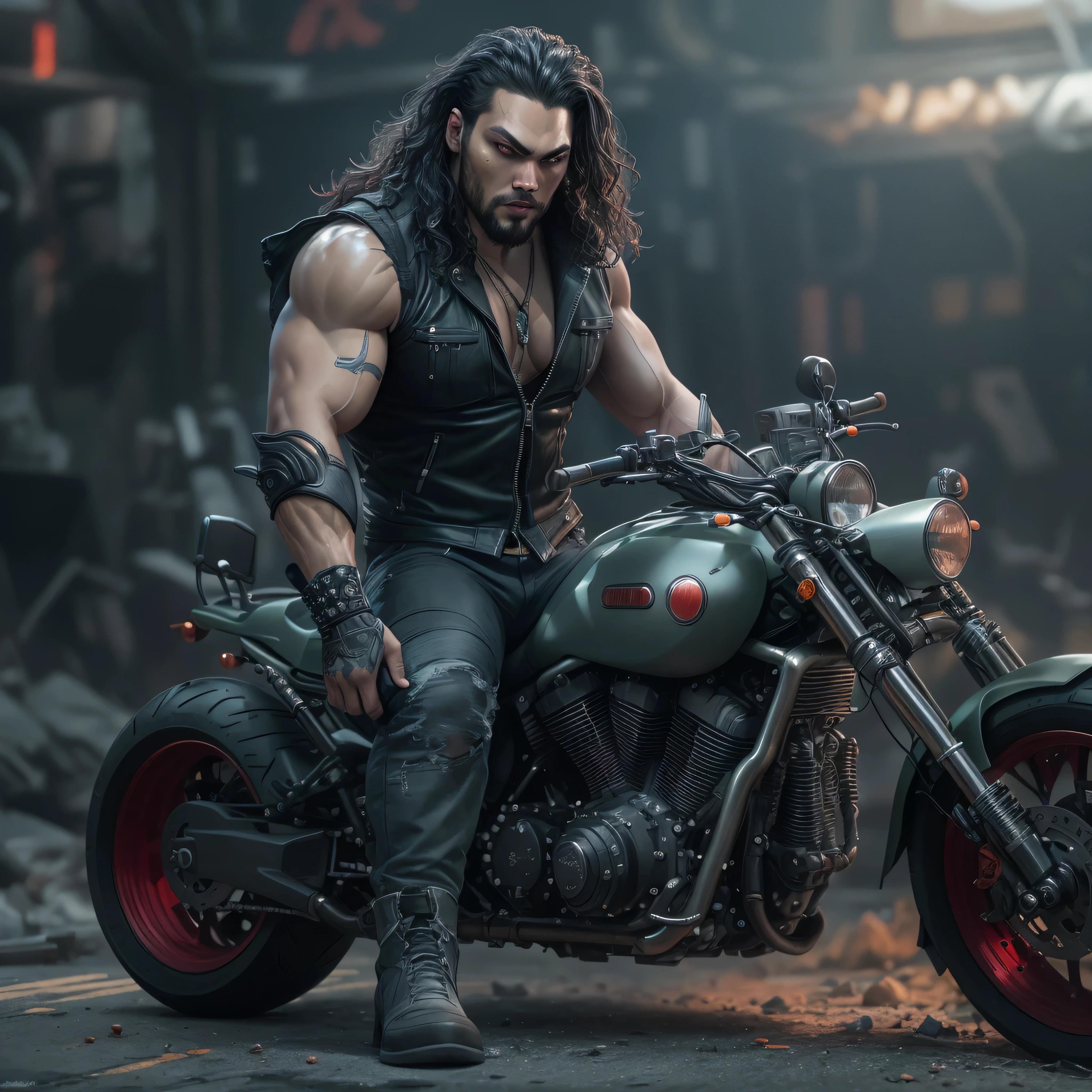 A high quality, 4k resolution, very muscular handsome man in his early twenties with long, curly, black hair, dark green eyes, a shaved beard, hairy chest and arms, intimidating, kind face, wearing a tight leather jacket, tight white muscle shirt and tight leather jeans. Tanned skin. Very large biceps. Very large pectorals. Very thick thighs. Leaning on a motorcycle. Background is a cityscape at night.