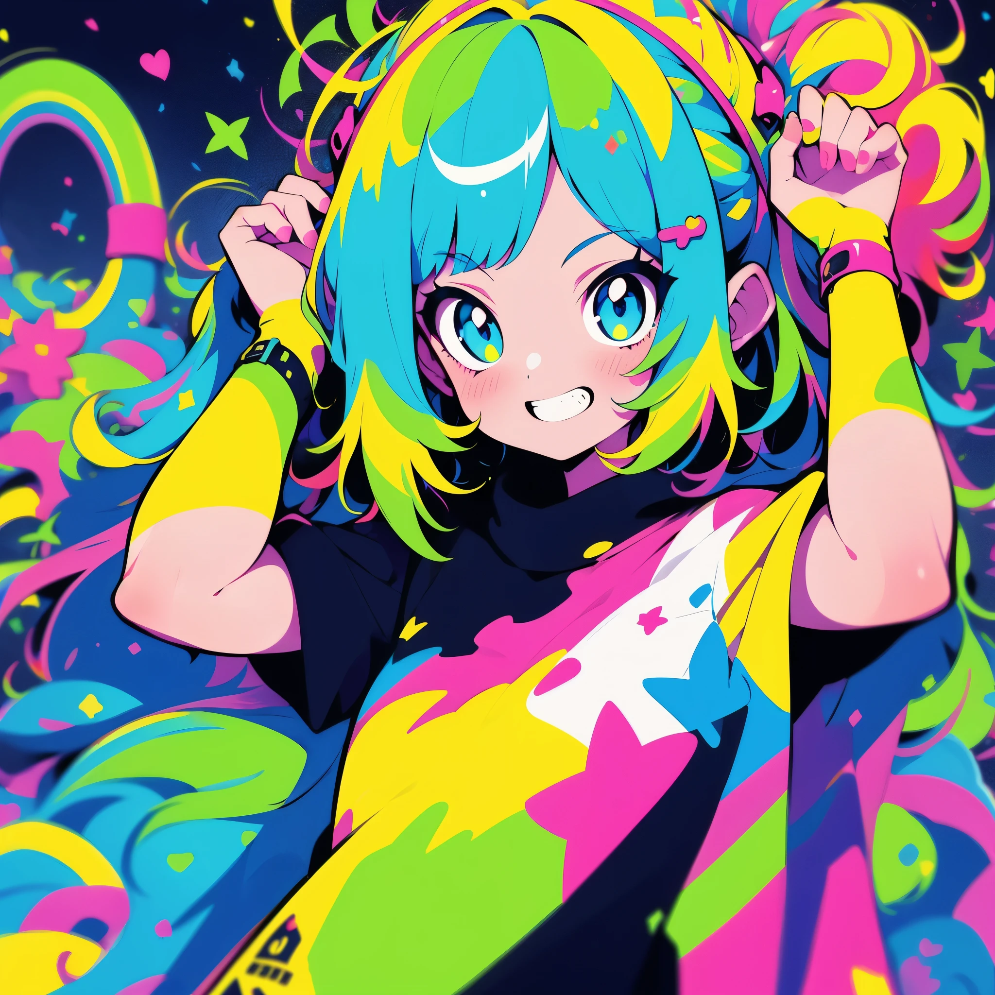 Masterpiece, best quality, high quality, 1girl, decora, maid outfit, neon colors, rainbow hair with ribbons, detailed 8k background of a playground with rainbow colors, smiling, teeth showing, cute background