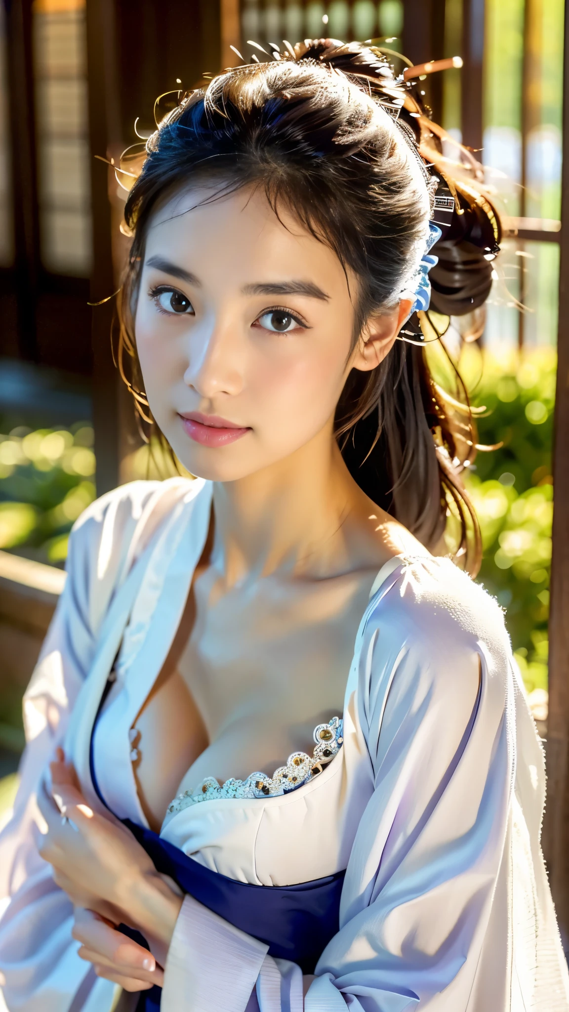 (highest quality、16k、32K、masterpiece、ultra high resolution)、((kimono、kimono))、(huge )、(((have cleavage)))、((heavy chest))、(long hair)、abs、perfect body、(((armpit))),   clavicle、beautiful butt,super detailed face、double eyelid、((belly button))、mysterious look、美しく繊細なkimono、high contrast、((color々sexy pose、Natural light))、beautiful butt、tattoo、eyes shine、美しい柄のkimono、big hair ornament on the head