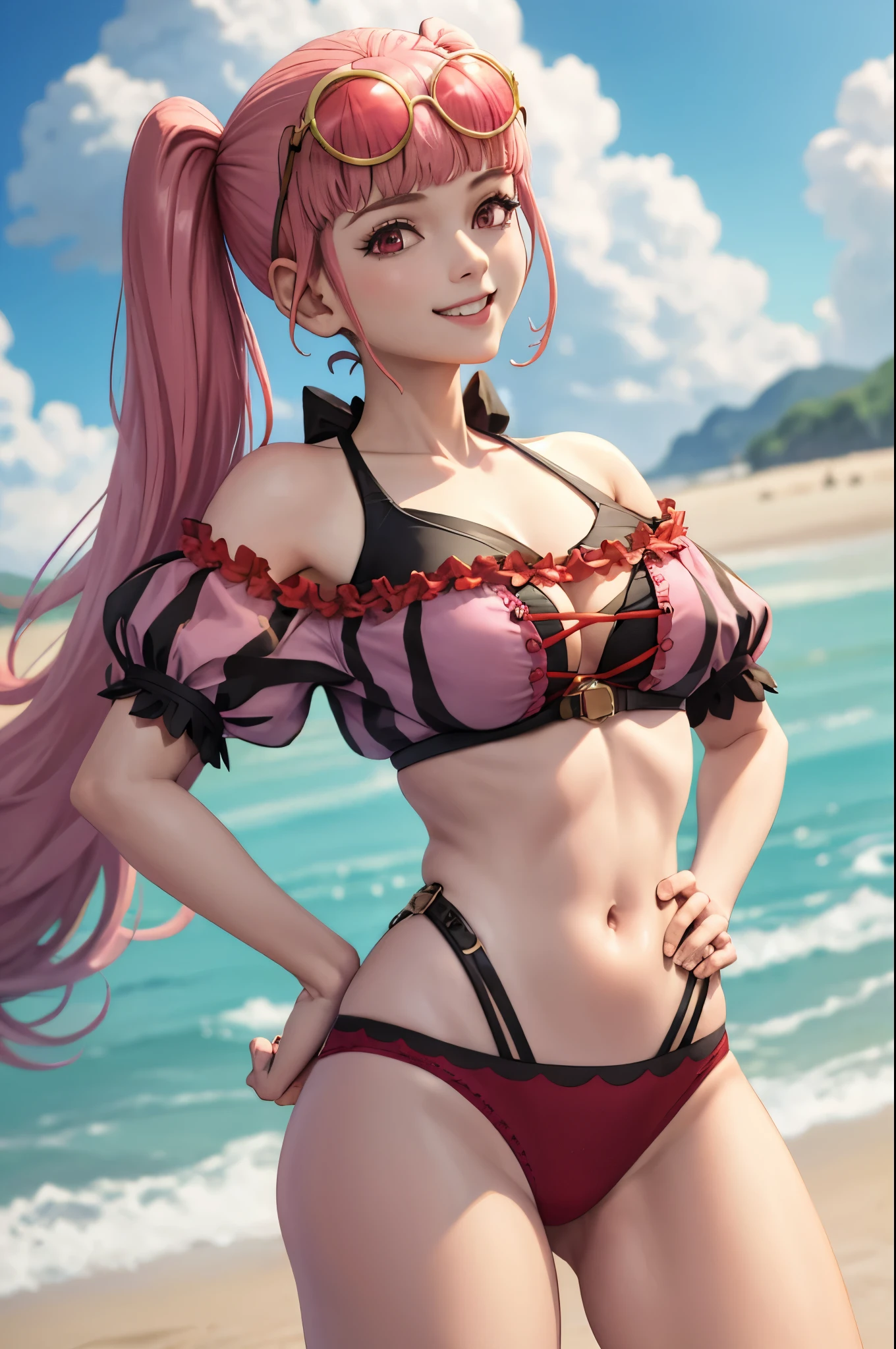 (masterpiece, best quality:1.2), solo, 1girl, hildabikini, smile, looking at viewer, hand on hip, twintails, sunglasses, eyewear on head, pink bikini, off-shoulder bikini, beach 