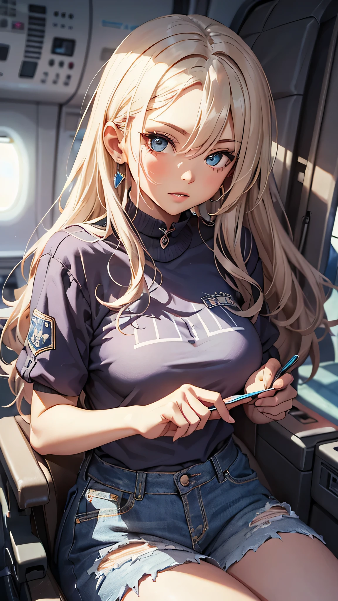 最high quality、best image quality、masterpiece、age girl((18-year-old、 By becoming、vest bust、medium bust,wide open breast tea、black eye, blonde hair、Habitual hair、long hair、thin,highest valley、blue shorts、attractive face、heart tattoo、Black Short Sleeve Jacket、sit on a chair、white shirt)),high quality、beautiful art、background(On the plane、first class、red wine))debris flies、Depth of written boundary、movie、visual art、perfect art、8K,genuine