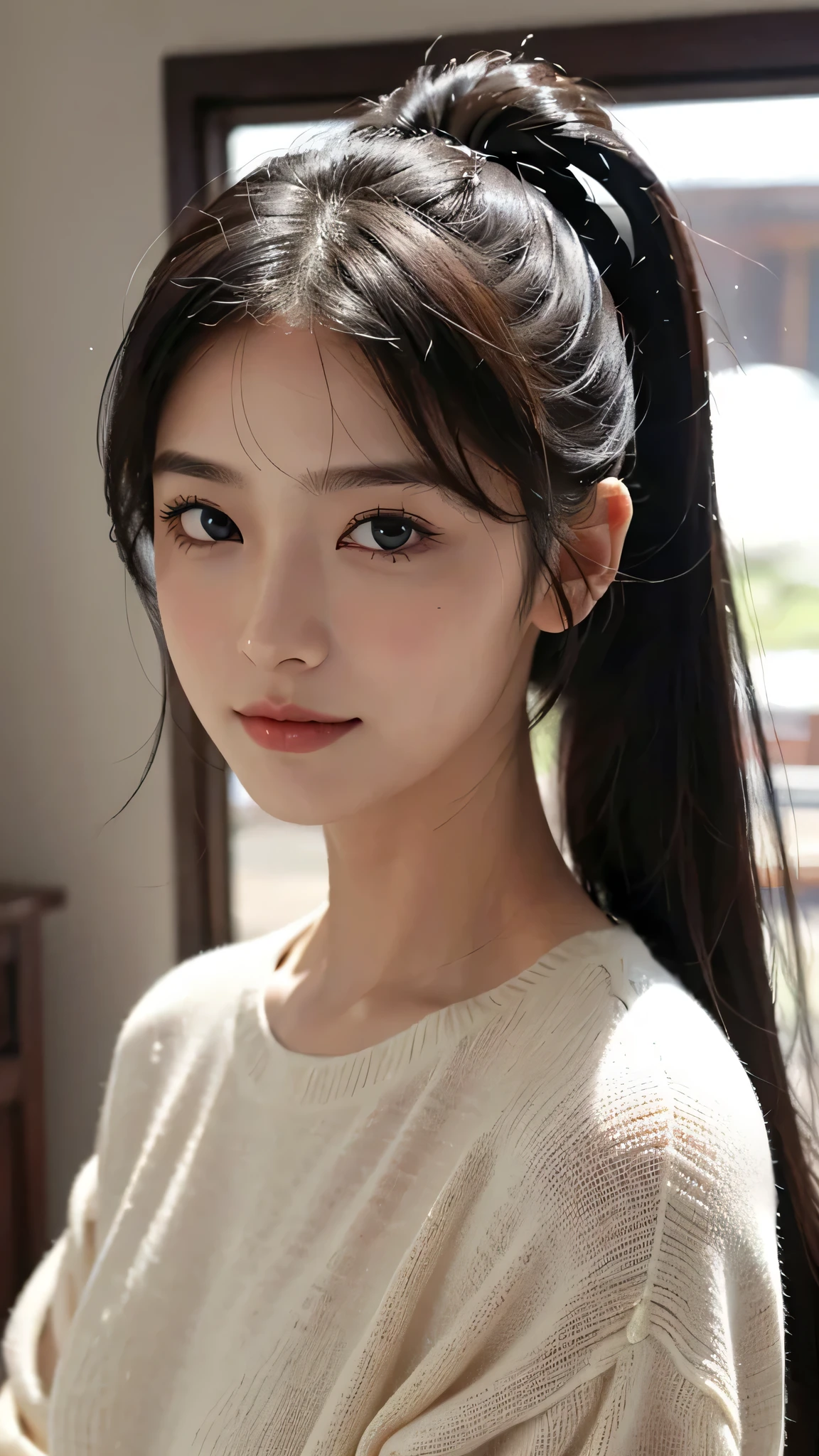 One woman,fully body photo,masutepiece, The highest image quality, High quality, the background is clear，Beautiful woman, Japanese, Detailed, Detailed eyes, Detailed skin, Beautiful skin, 超hight resolution, (reality: 1.4),Very beautiful woman, Slightly younger face, Beautiful skin, slender, (Ultra photo realsisim), (hight resolution), (8K), (Very detailed) (beautifully detailed eyes), (super detailed),   (Detailed face), view the viewer, Fine details, Detailed face, Staring straight ahead, Staring straight ahead, photos realistic, Bright lighting, Professional Lighting, Black hair,poneyTail,a ,sixteen yTail,ロングのponeyTailの髪型,It's snowing,slight smile,Long Sleeve Knitwear,