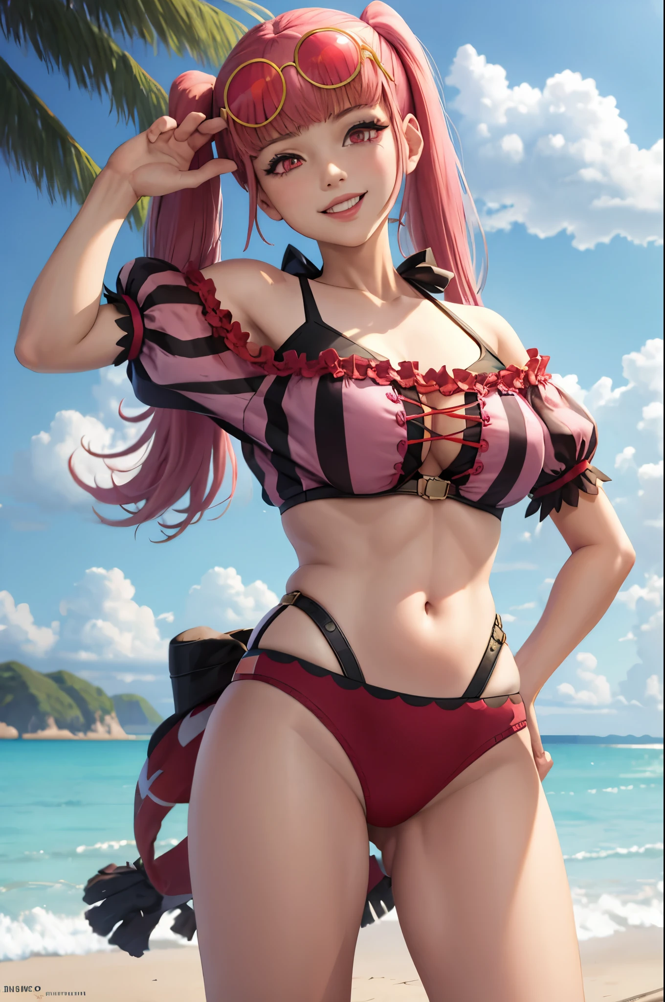 (masterpiece, best quality:1.2), solo, 1girl, hildabikini, smile, looking at viewer, hand on hip, twintails, sunglasses, eyewear on head, pink bikini, off-shoulder bikini, beach 