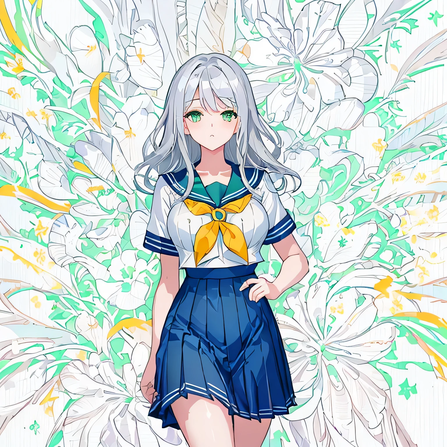 masterpiece, highest quality,figure,sailor suit,slanted eyes,straight hair,silver hair,side parted,super dense skin,beautiful and fine eyes,short sleeve shirt,green eyes,(big breasts:1.2), (A raised and well-defined bust:1.2), (Lifted chest:1.2), (perky chest :1.2),high school girl
