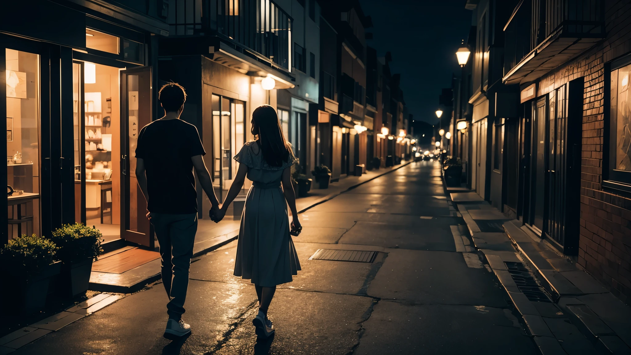 A boy and girl holding hands walking at night in a nice place