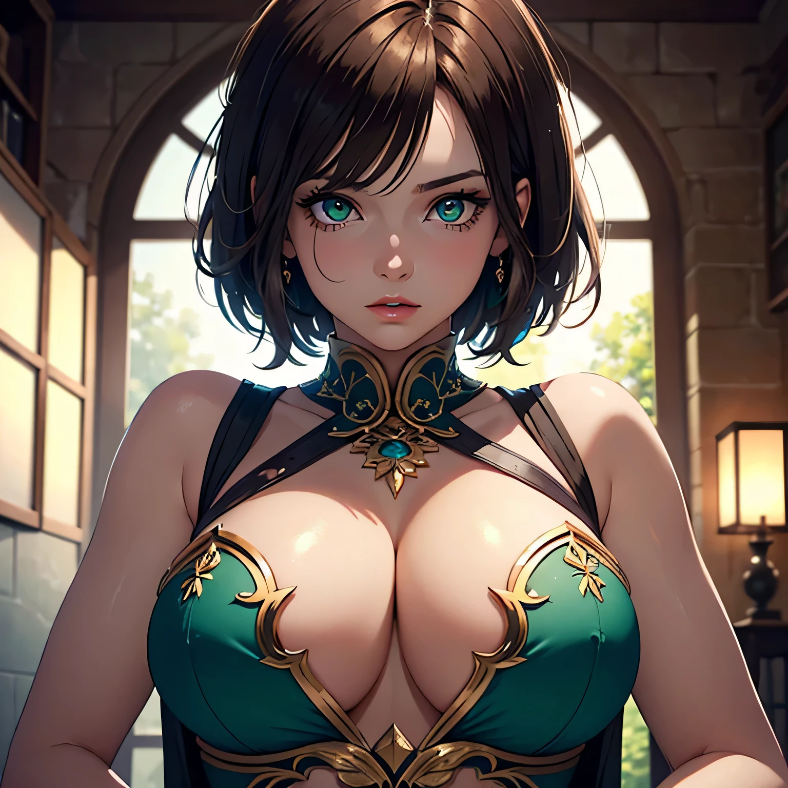 1girl, brown hair, short hair, best quality, 4K wallpaper, masterpiece, extremely detailed CG unity 8k wallpaper, extremely detailed eyes, dynamic pose, ultra-detailed, intricate details, masterpiece, skindentation, best quality, expressive eyes, perfect face, soft pink lips, airy, light, large detailed green eyes, large breasts, cleavage,