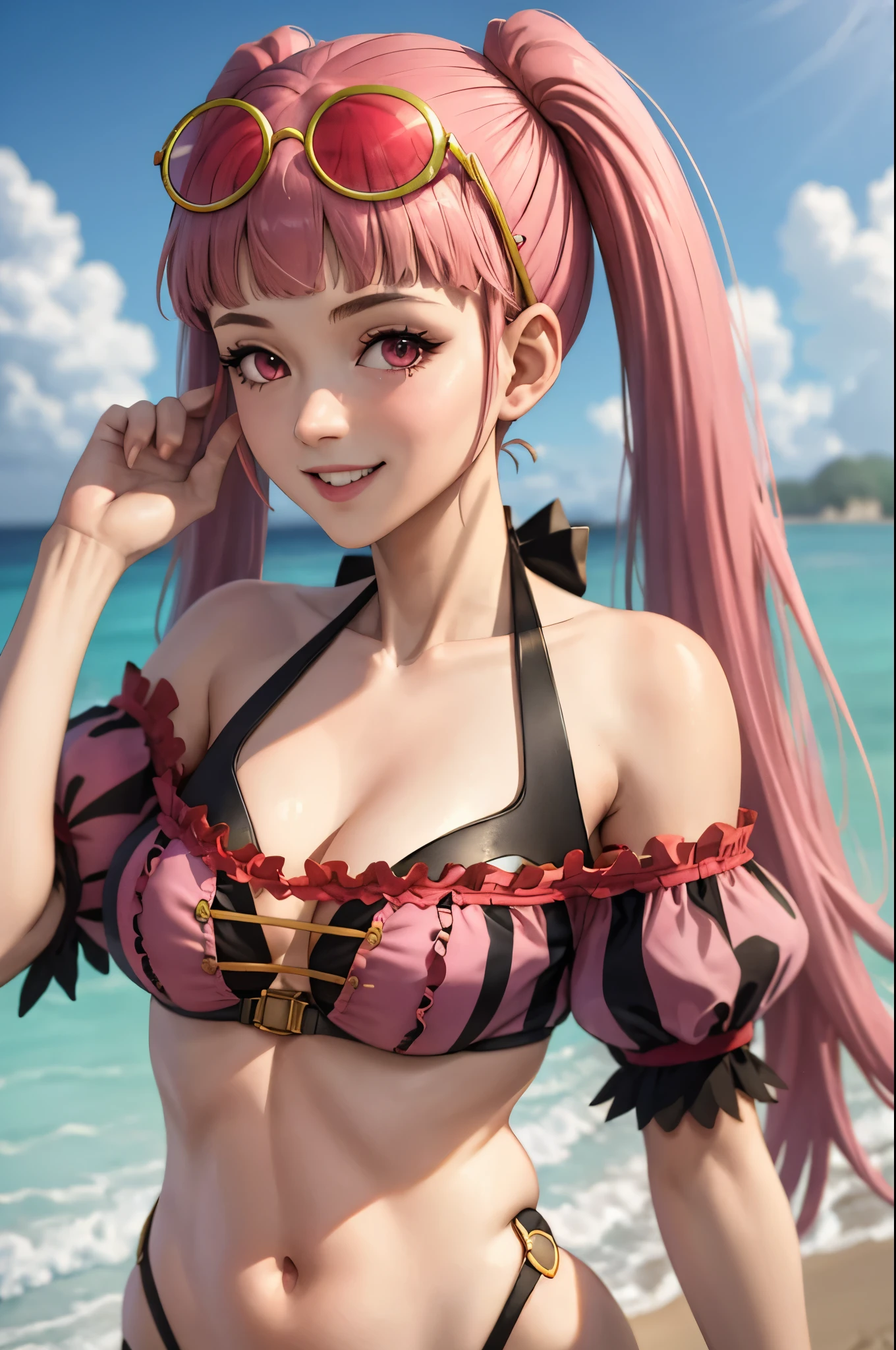 (masterpiece, best quality:1.2), solo, 1girl, hildabikini, smile, looking at viewer, twintails, sunglasses, eyewear on head, pink bikini, off-shoulder bikini, beach 