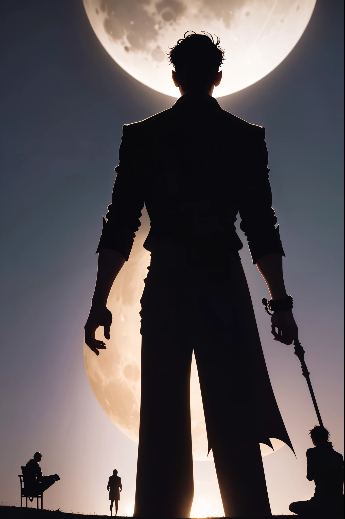 araffes silhouetted against a full moon with a man holding a , looking at the full moon, super moon, in front of a full moon, giant super moon, by John Moonan, sitting on a moon, with full moon in the sky, looking at the moon, at night with full moon, full big moon, photo taken at night