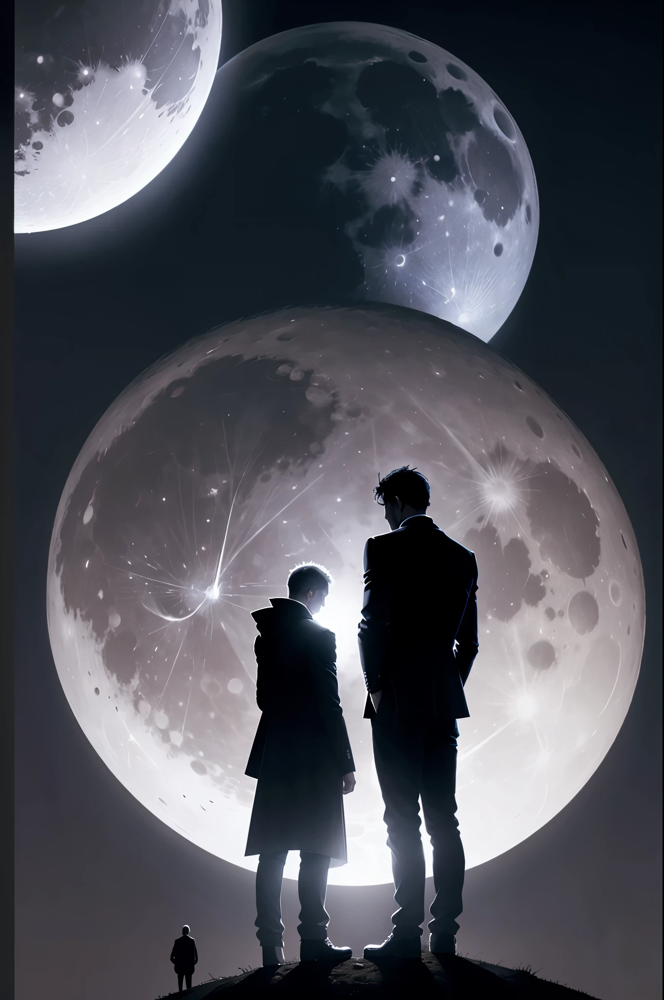   araffes silhouetted against a full moon with a man holding a , looking at the full moon, super moon, in front of a full moon, giant super moon, by John Moonan, sitting on a moon, with full moon in the sky, looking at the moon, at night with full moon, full big moon, photo taken at night