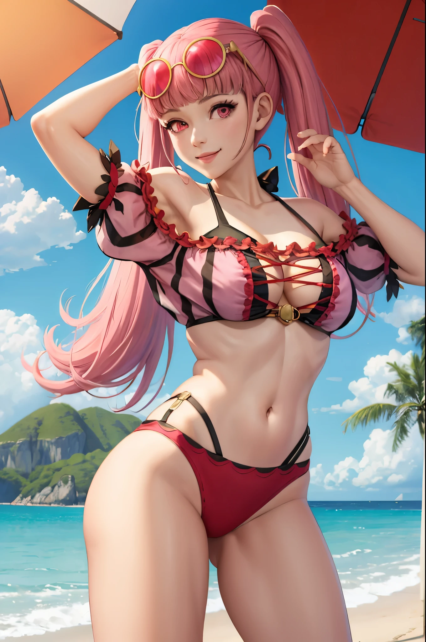 (masterpiece, best quality:1.2), solo, 1girl, hildabikini, smile, looking at viewer, twintails, sunglasses, eyewear on head, pink bikini, off-shoulder bikini, beach