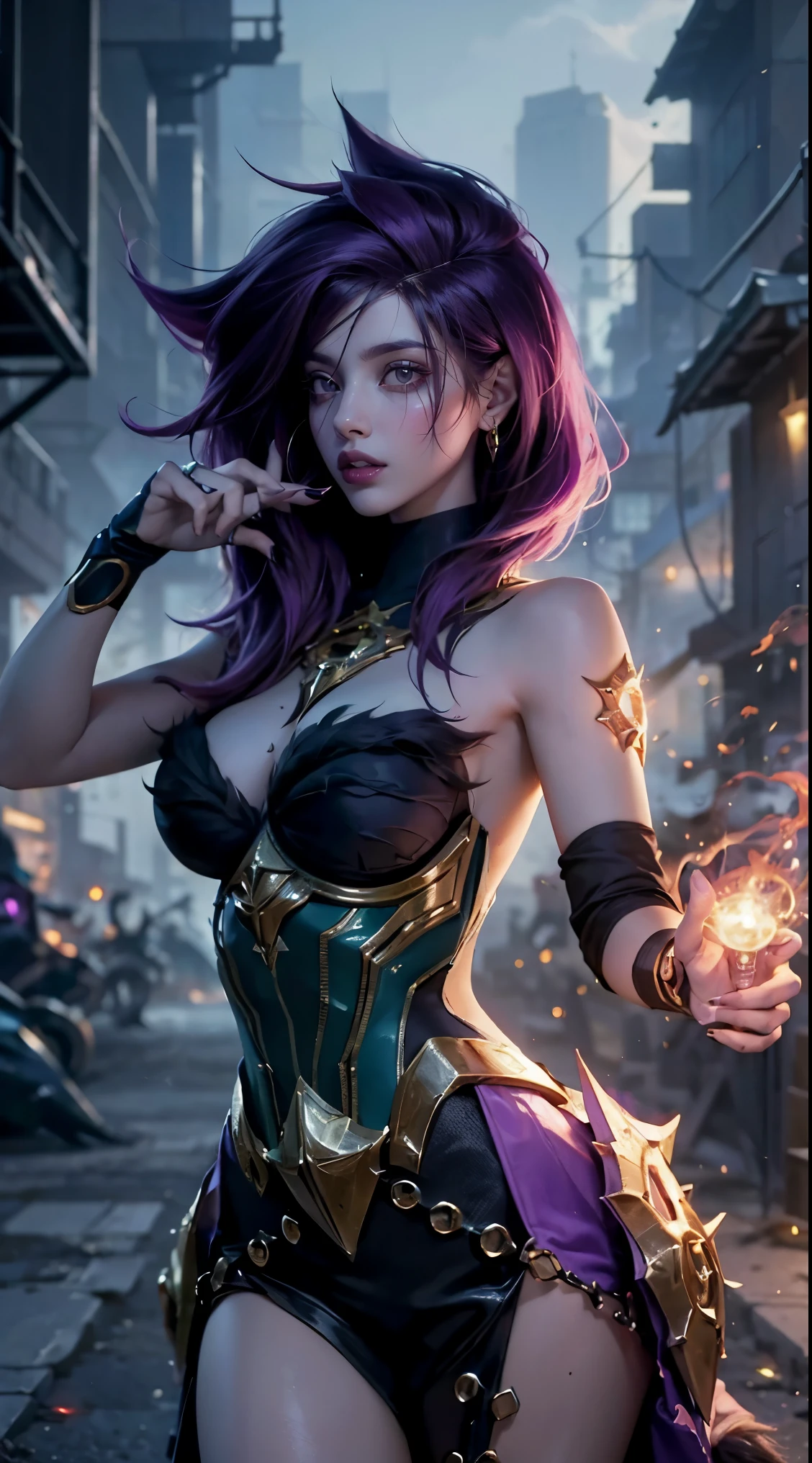 Estilo garota de League of Legends, uma mulher com cabelo roxo, mulher cyberpunk mulher anime, potas, Deusa cyberpunk raivosa bonita, estilo de arte cyberpunk, arte digital de anime cyberpunk, arte de anime cyberpunk, Film Poster, garota Retrato, arte de anime cyberpunk, arte com tema cyberpunk, cyberpunk fantasia sombria, garota de League of Legends, 1 garota, cabelo roxo e curto , cabelos curtos, garota de cabelo roxo, cabelo curto, lugar em chamas, camisa branca, jaqueta de couro vermelho escuro, lateralmente, garota em uma rua abandonada, cabelo roxo, cabelo curto, olhos cor de verdes, Pink lips, standing, ultra detalhada, obra prima, super detalhado. garota de League of Legends. Garota de cabelo roxo/violeta, garota de calsa marrom, blusa branca, jaqueta de couro vermelho escuro, estilo uma garota de Resident Evil em um lugar em chamas, spark, esferas de luz, Film Poster, League of Legends, estilo de Liga das Lendas, Vi de arcane em uma cidade abandonada, Everything is burning, fogo por toda parte, garota de cabelo roxo,  cabelo curto 