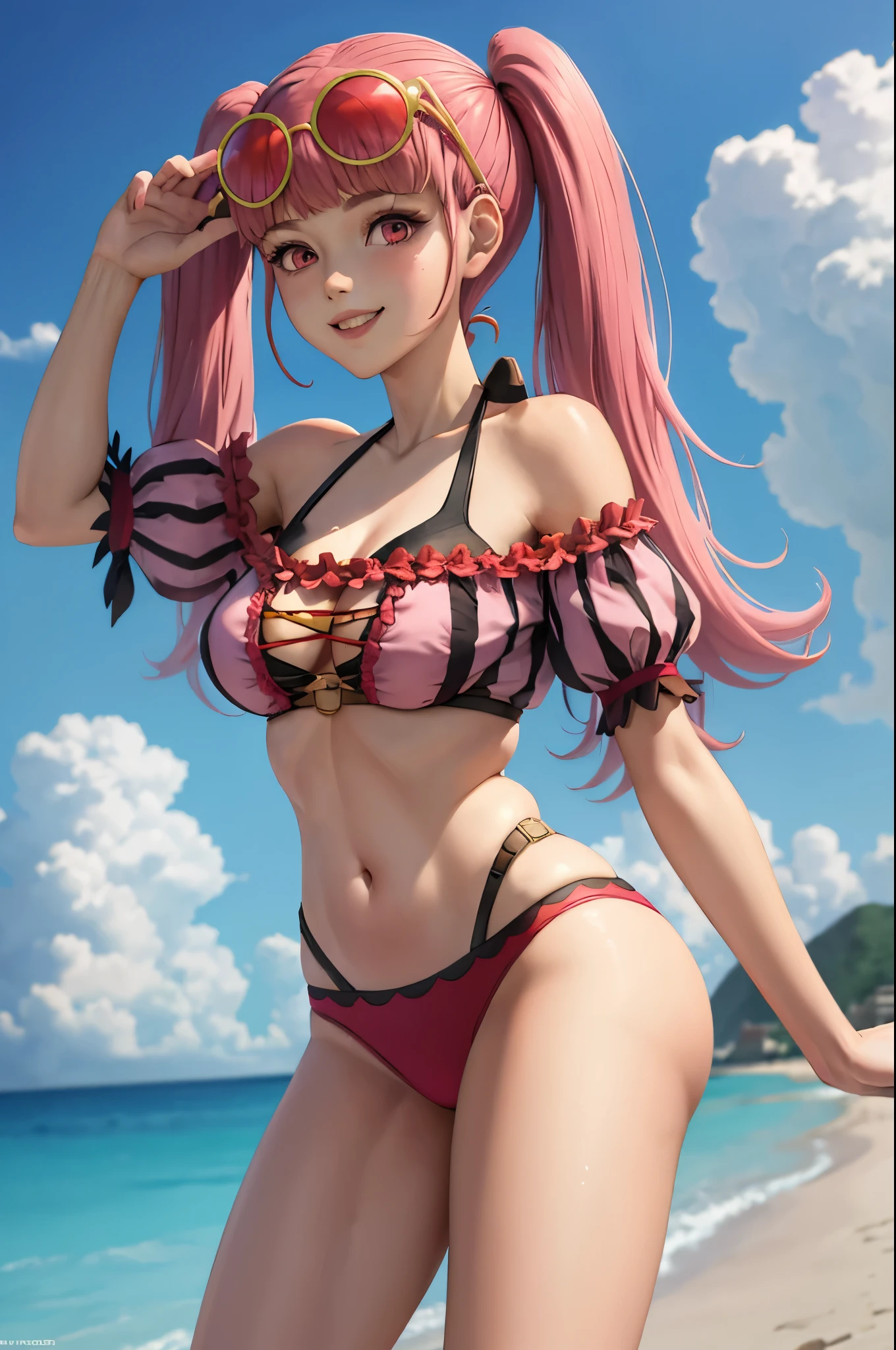 (masterpiece, best quality:1.2), solo, 1girl, hildabikini, smile, looking at viewer, twintails, sunglasses, eyewear on head, pink bikini, off-shoulder bikini, beach, (leaning forward)