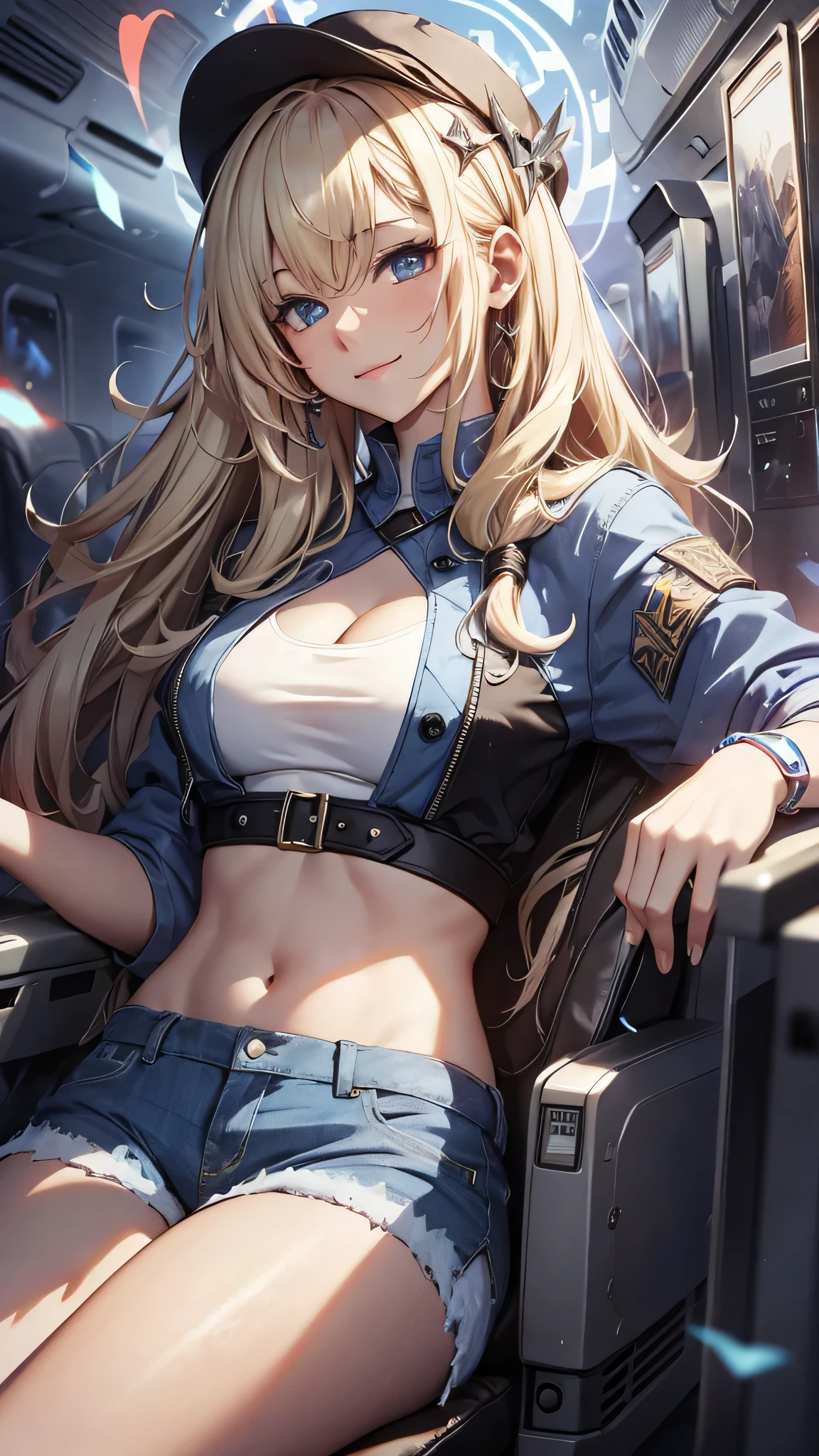 最high quality、best image quality、masterpiece、age girl((18-year-old、 By becoming、vest bust、medium bust,wide open breast tea、black eye, blonde hair、Habitual hair、long hair、thin,highest valley、blue shorts、smile、heart tattoo、Black Short Sleeve Jacket、sit on a chair、white shirt)),high quality、beautiful art、background(On the plane、first class、red wine))debris flies、Depth of written boundary、movie、visual art、perfect art、8K,genuine