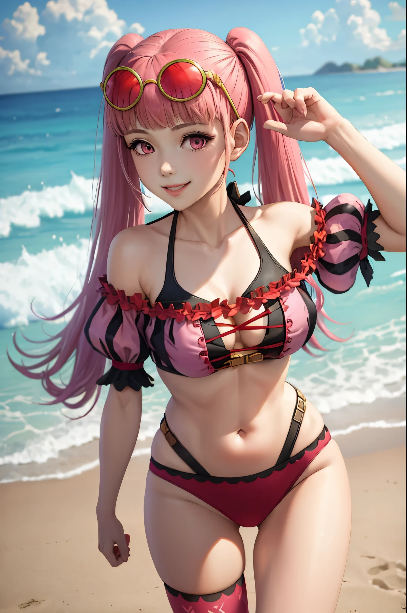 (masterpiece, best quality:1.2), solo, 1girl, hildabikini, smile, looking at viewer, twintails, sunglasses, eyewear on head, pink bikini, off-shoulder bikini, beach, (leaning forward)