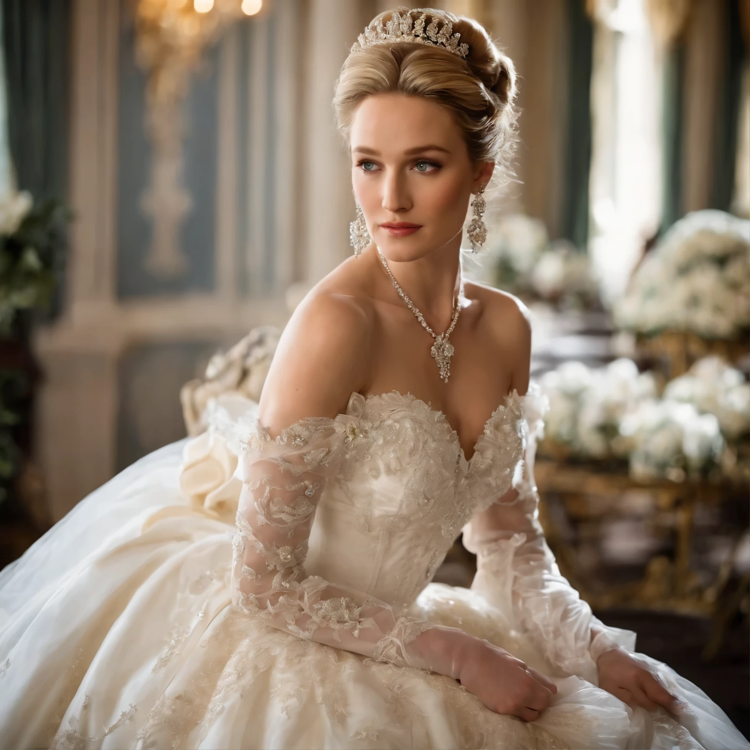 Best quality, Masterpiece, a stunningly beautiful Greer Grammer as a royal bride wearing a stately and elaborate royal wedding dress of white satin and tulle adorned with huge ribbon bows, lace, frills, flounces, embroidery and jewels, with enormous puffed sleeves, an hourglass waist and a voluminous crinoline hoopskirt, bustle, and train, long white gloves, pearl necklace and earrings, elaborately curled and styled hair