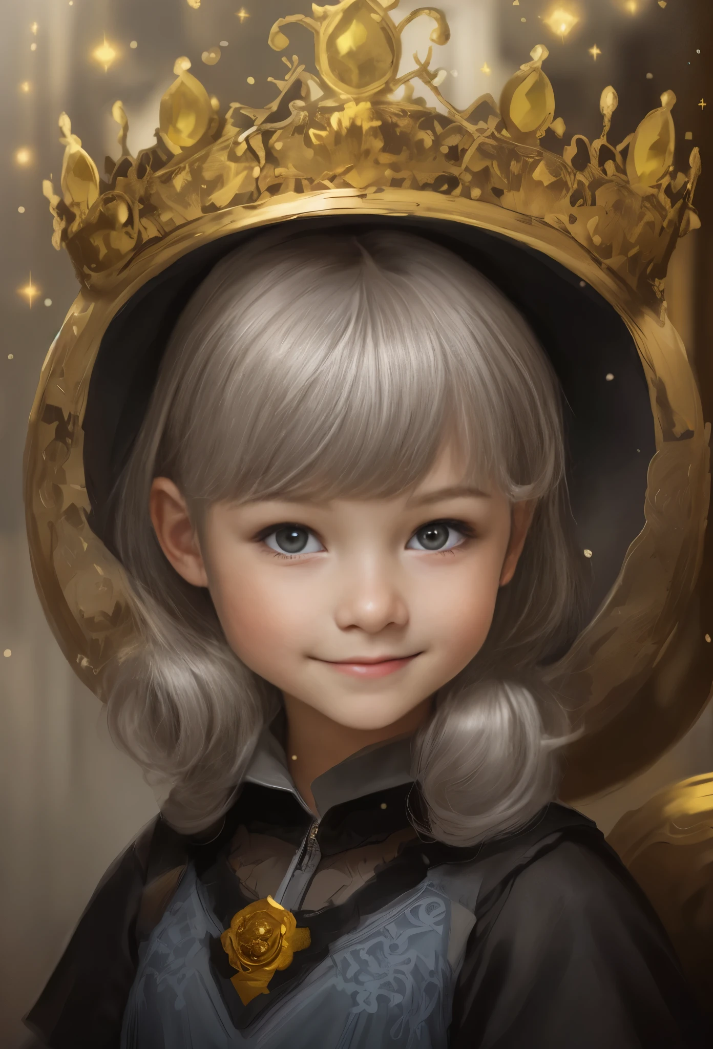 High resolution, portrait, boy and girl with dark hair, , light gray hair, short haircut, yellow eyes, smile, crown, portrait, ballroom in the background, realism, fantasy