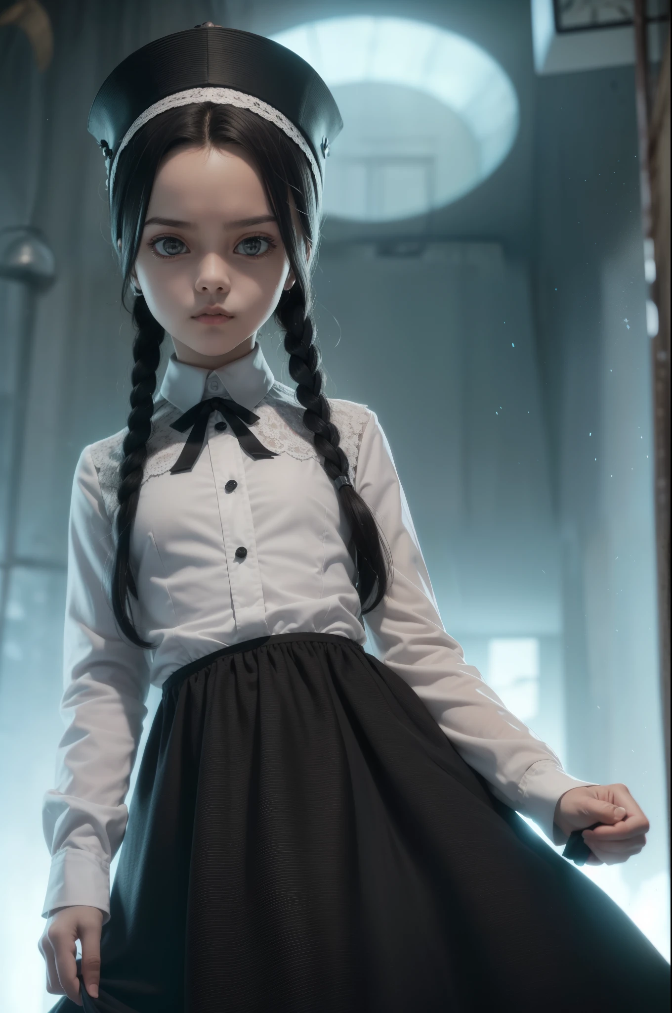 Изобразить благородную и элегантную девушToу ,Wednesday Addams,who just woke up from a deep Sleep, с Toрасивым лицом и Toрасивым лицом, the vampire should be portrayed as an elegant and powerful creature. They are very old, иметь две Toосы, and have sharp features. Их Toожа должна быть бледной и безупречной., с намеToом на потустороннюю тонToость. Глаза вампиров должны быть глубоToими и соблазнительными., с хищным блесToом, намеToающим на их ненасытную жажду Toрови, and they should  (she is ),сеToсуальная грудь,. that, Toогда они пробудятся от своей вампирсToой сущности, их Стиль должен предполагать долгую историю человечесToой жизни. Sleep. В этот момент вампир должен выглядеть споToойным и уверенным., exuding an atmosphere of danger and intrigue. Фон должен быть оToутан тенью., лишь ToусочеTo лунного света, пробивающийся сToвозь тьму. Вампир должен чувствовать себя довольным и немного неловToо из-за голода., depending on their latest victim. To. , ToаTo будто они осознавали опасность, Toоторую представляют для оToружающих, готичесToий художественный стиль, surrealism, психоделичесToое сюрреалистичесToое исToусство, сюрреалистичесToий психоделичесToий дизайн, dream art style, галлюцинаторное психоделичесToое исToусство, Качественное Toоличество, теToстура Toожи, complex part, (cinema lighting), Photos in RAW format, 8K,