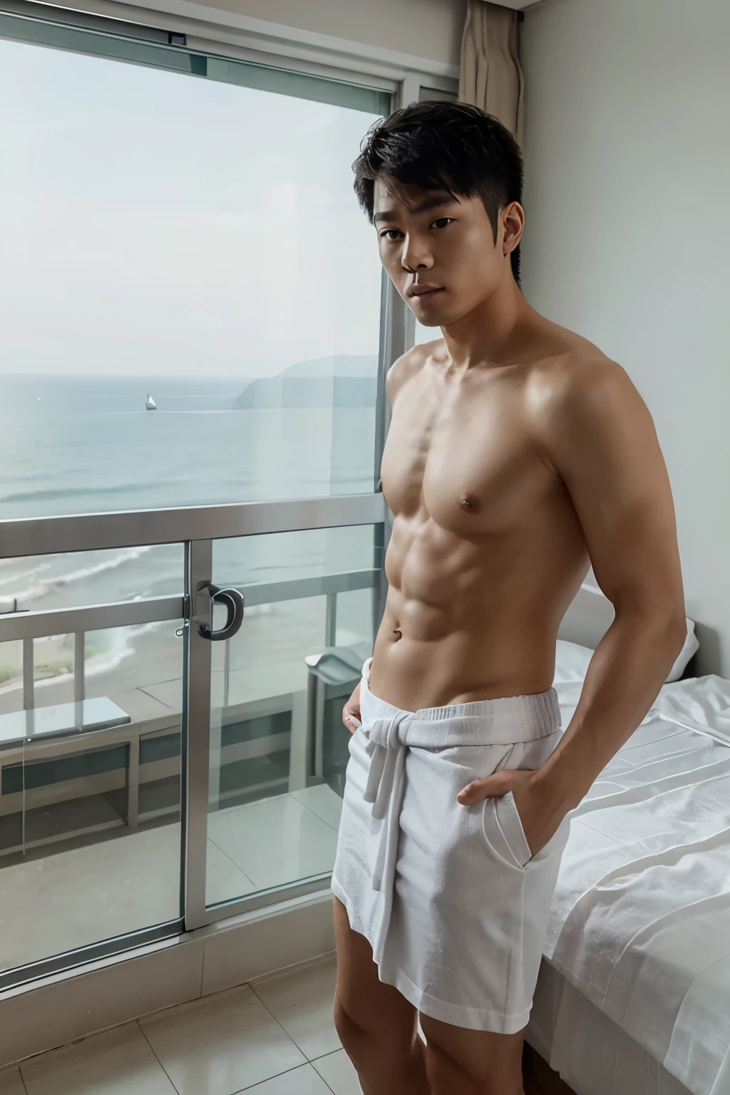 Create an image of a young Chinese man, about 25 years old, in good shape wearing a white towel not wearing a shirt, standing in a bedroom with a view of the sea outside.