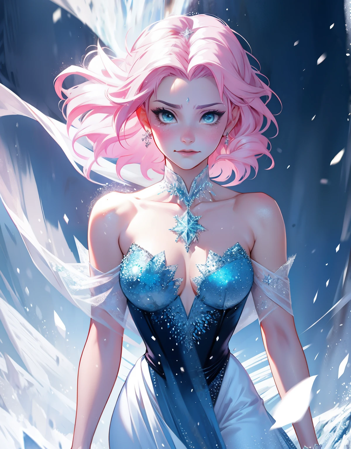 1 mulher, fantasiada de Elsa, strong emotions, sakura,pink hair,  (cabelo curto!!), luz, foco, frozen, como elza de frozen , corpo inteiro, solo, magia ao seu redor. from head to toe, vestido azul,neve, corpo inteiro, lagrimas, strong emotions, corpo todo!!!! 