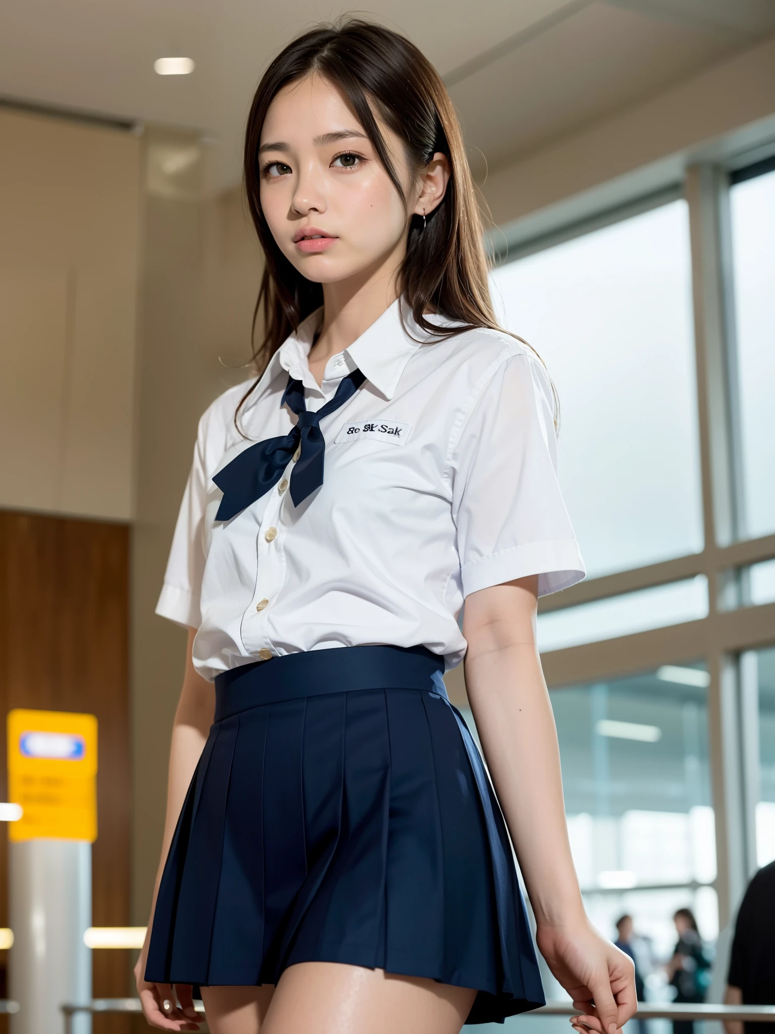 (Photorealistic), (masterpiece)), (highest quality), (detailed), (one girl), girl, school uniform, short skirt, full body, on the train.
train to school, lots of yellow pee, ((leaking pee)), (((clutching crotch))),(peeing, blush), embarrassed, (puddle of pee at your feet), cute girl, tear-stained face