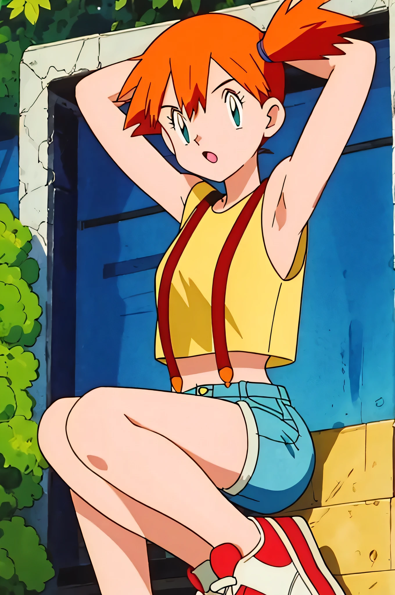 misty (pokemon), yellow shirt, sleeveless shirt, suspenders, denim shorts, sneakers, armpits, showing armpits, arms behind head, solo, masterpiece, 1girl, arms raised