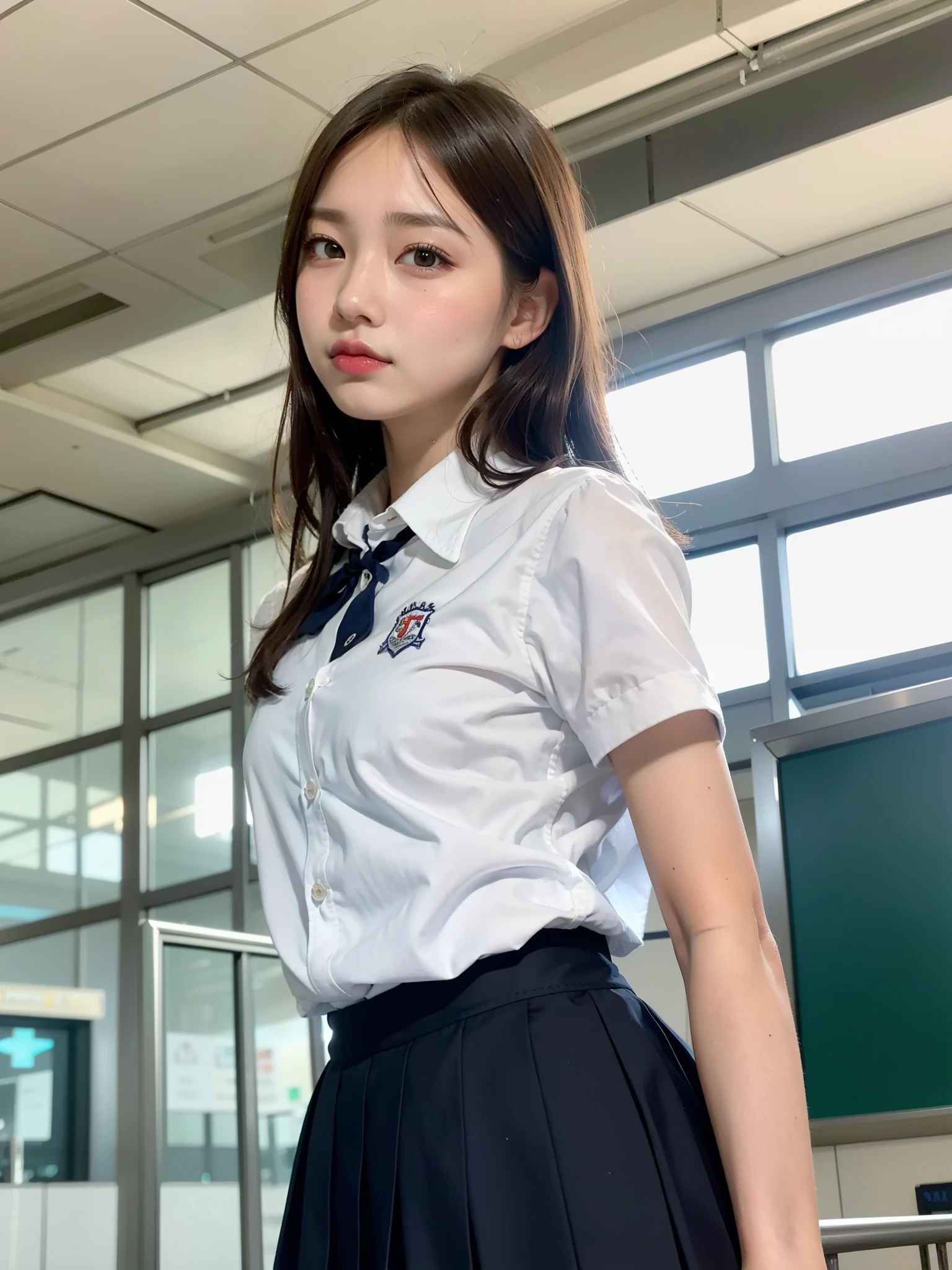 ((Best of the highest quality, 8k, Masterpiece: 1.3, raw photo)), Sharp focus: 1.2, (1 AESPA girl: 1.1), (Solo: 1.18), (realistic, photo-realistic:1.37), face focus, cute face, finely eyes, (Small breasts, flat chest, Thigh: 1.3), (school uniform skirt, bra top, from below: 1.2), short messy hair, updo, terminal, airport