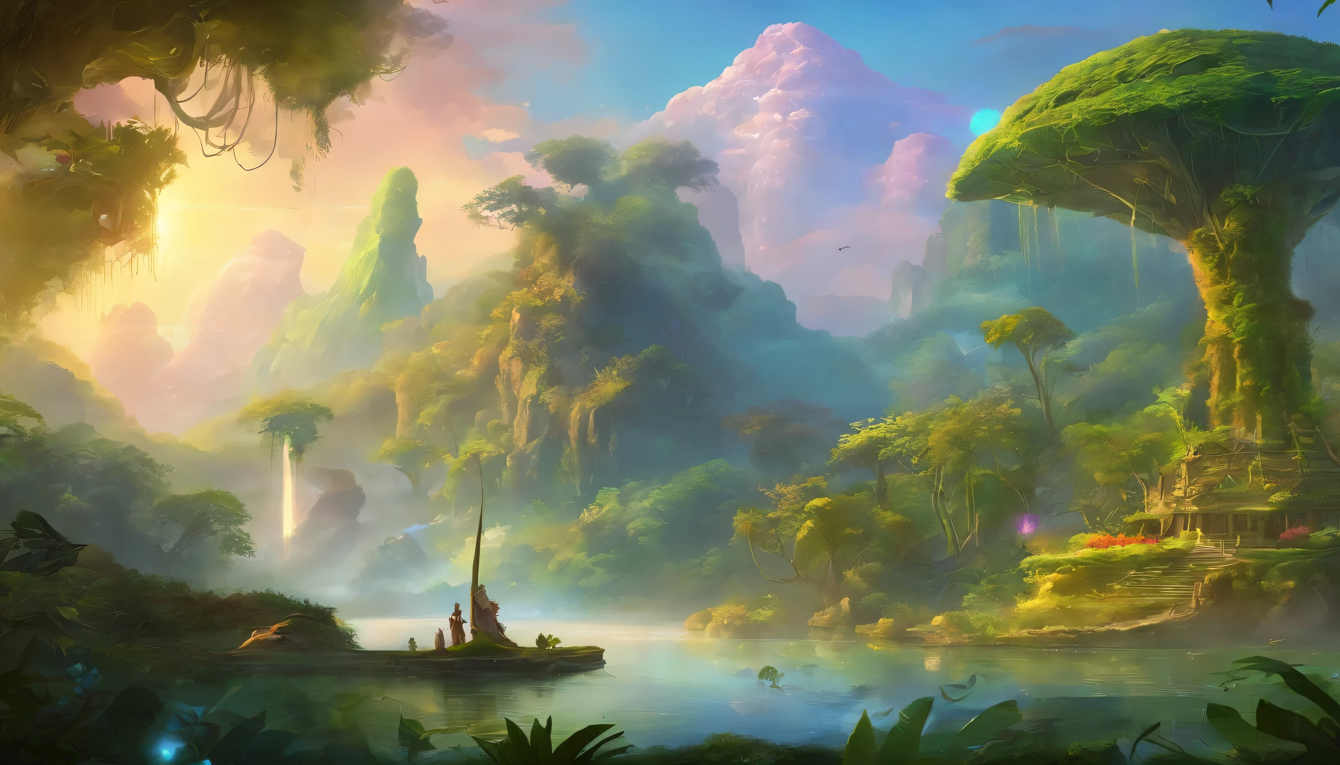 Create a heavenly scene of a lush, vibrant jungle. Showcase diverse flora and fauna, sunlight filtering through dense foliage, and a peaceful river winding its way through the heart of this tropical paradise. Ensure a harmonious balance of colors and textures, portraying the serene beauty of the jungle.