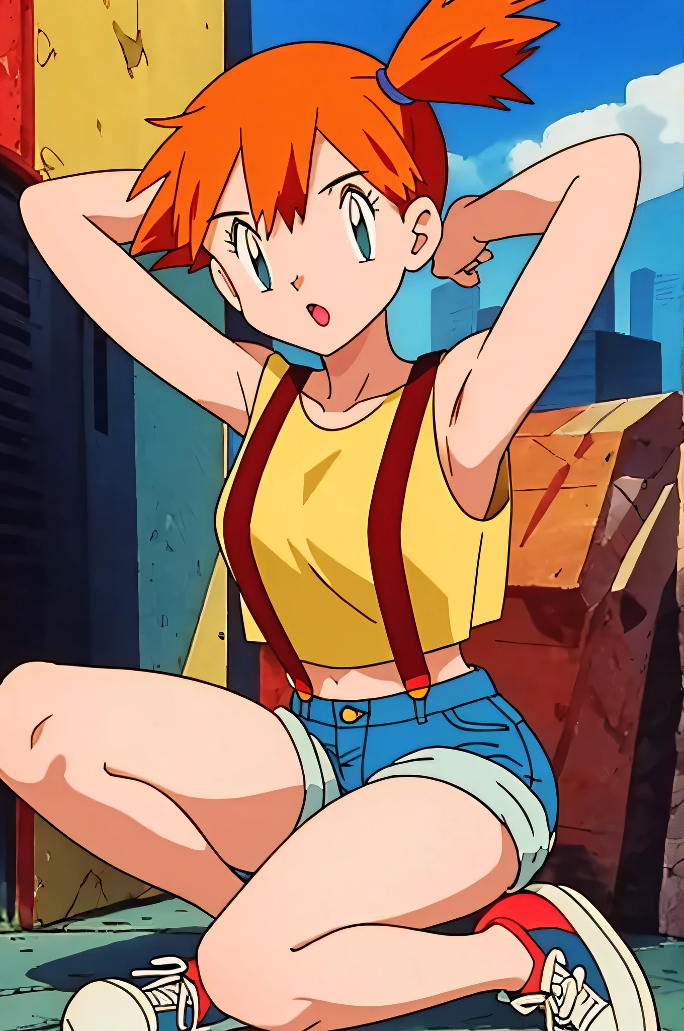 misty (pokemon), yellow shirt, sleeveless shirt, suspenders, denim shorts, sneakers, armpits, showing armpits, arms behind head, solo, masterpiece, 1girl, arms raised