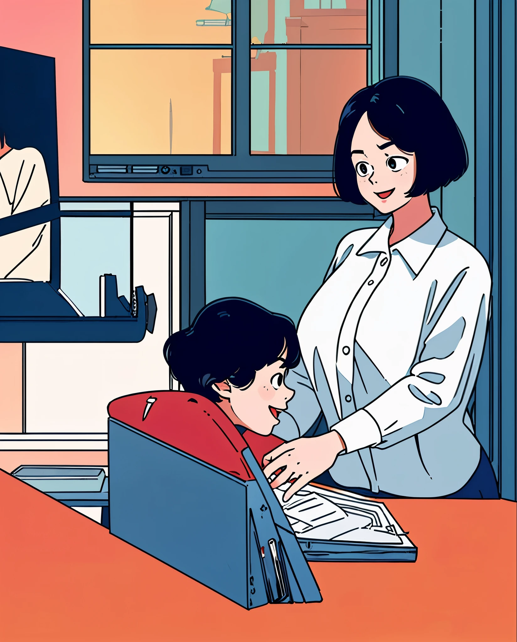 2 girls, 20 Yo,2 girls chatting about work at a computer desk,with short hair,( white collar shirt:1.2), big eyes ,:d,
On the first day of work,Computer office,cover, Three fold composition,
masterpiece, best
quality,.