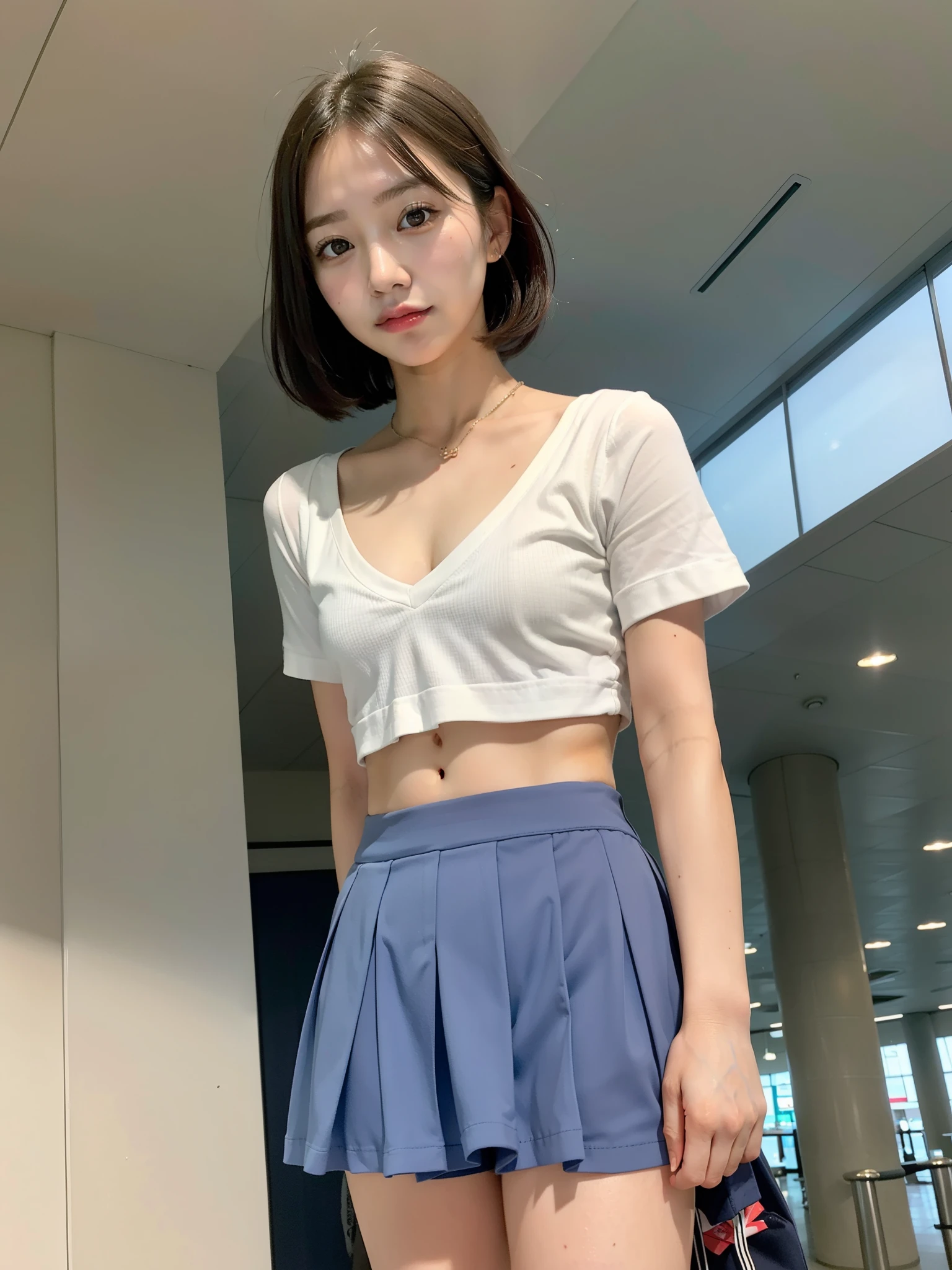 Photo Real、photoRealstic　Beige hair、Short hair、Decorated hair、Tied hair　The contours of the face are round、drooing eyes、big eye、Young Face、a baby face、child-faced、a small face　Flashy T-shirts、Sky blue T-shirt、shortsleeves、skirt by the、Neck towel、Flashy clothing　18year old、Small body、young body、skinny  body　Unique Pose、free pose、Facial expressions to enjoy、Laughing expression、full body Esbian、Mass sweat　Background with、Lots of people、Crowded squares、summertime、Sunshine、outdoor festival、Summer Fes、Music Festivals、artificial grass、lawn