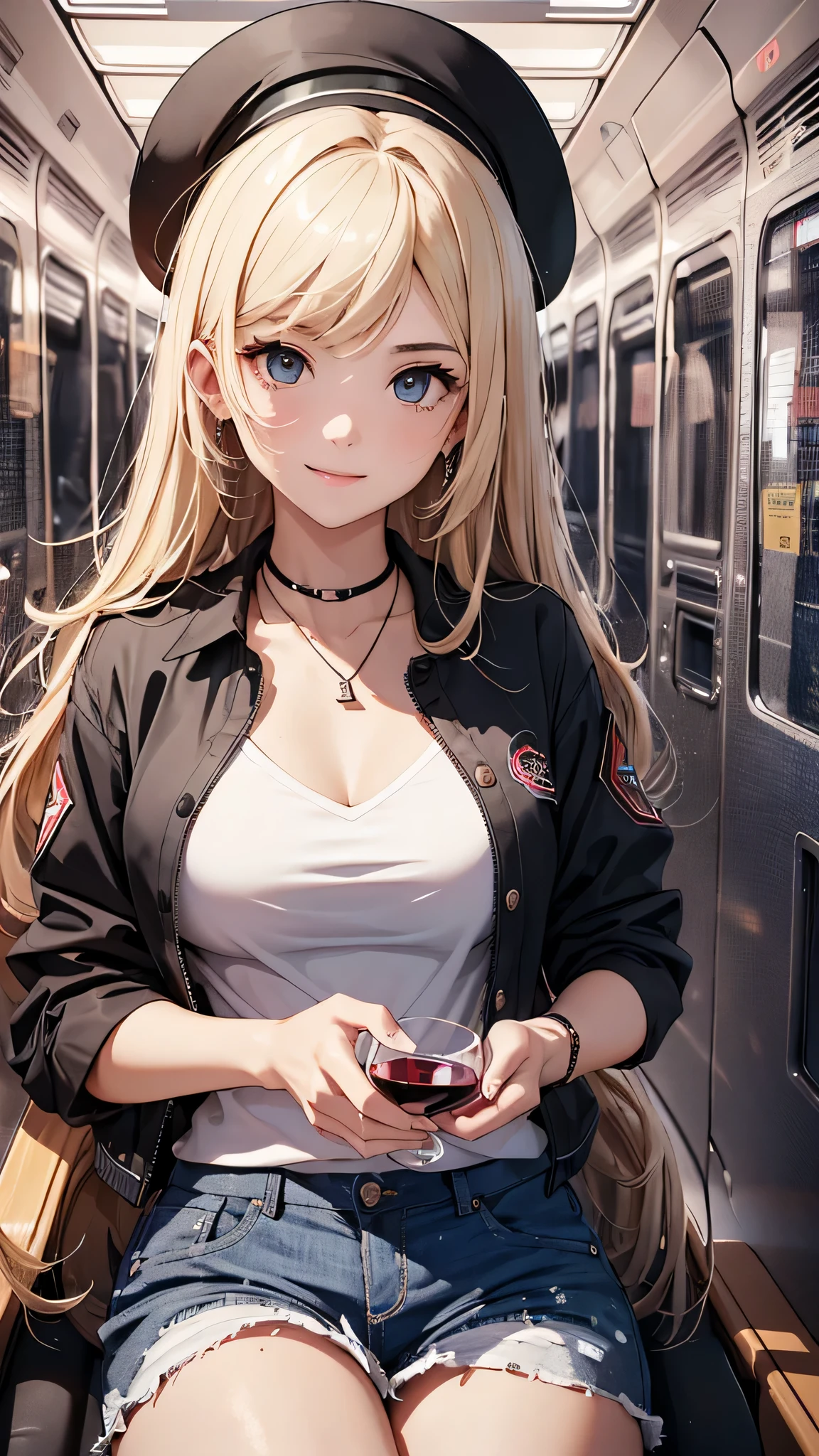 最high quality、best image quality、masterpiece、age girl((18-year-old、 By becoming、vest bust、medium bust,wide open breast tea、black eye, blonde hair、Habitual hair、long hair、thin,highest valley、blue shorts、smile、heart tattoo、Black Short Sleeve Jacket、sit on a chair、white shirt)),high quality、beautiful art、background(On the plane、first class、red wine))debris flies、Depth of written boundary、movie、visual art、perfect art、8K,genuine