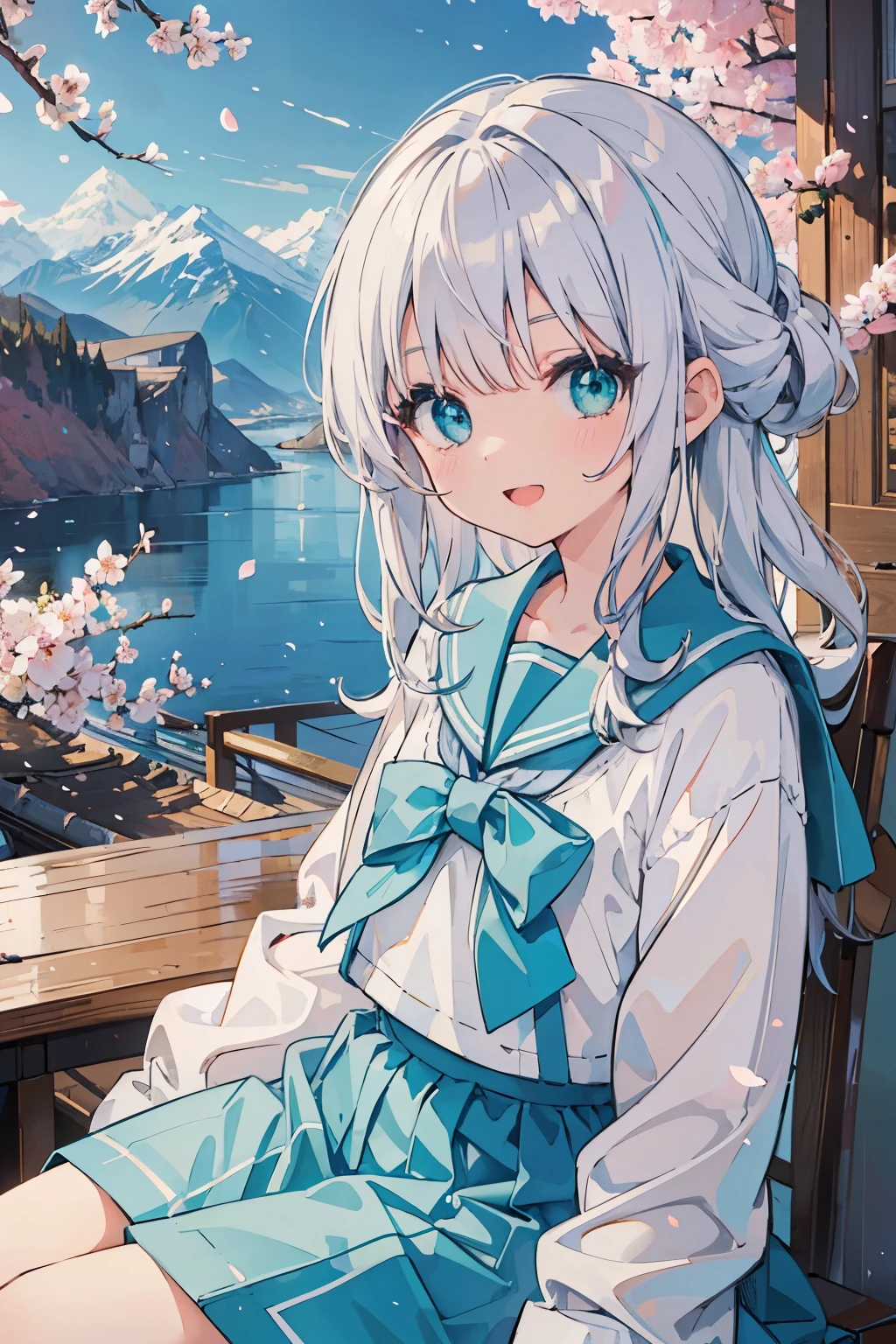 (masterpiece), landscape, mountain horizon, Cherry blossoms, petal, light particles, Upper body, 1 girl, sailor, curls, flowing hair, Smile, sitting, open mouth, light particles, silver hair, aqua eyes, looking at the audience, Face focus