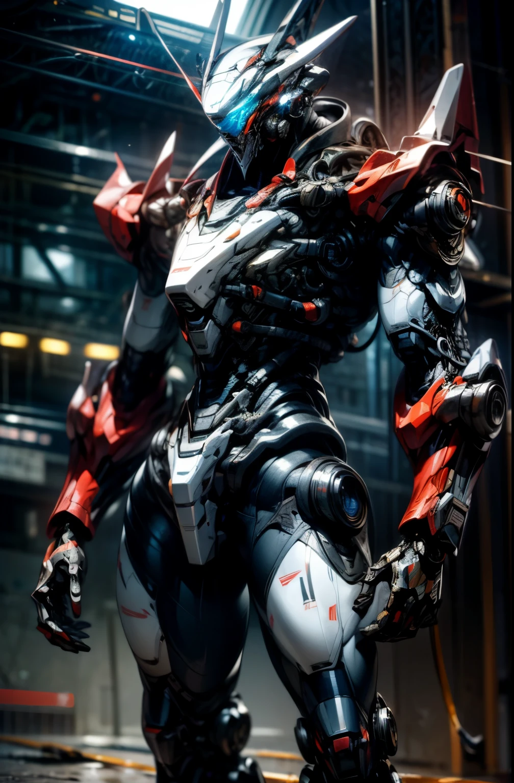 Dark_Fantasy,Cyberpunk,(chain saw,chain saw man,Red:1.1),1man,Mechanical marvel,Robotic presence,Cybernetic guardian, wearing a worn-out mech suit, intricate, (steel metal [rusty]), elegant, clear focus, shot by greg rutkowski, soft lighting, vibrant colors, masterpiece, ((street)), cowboy shot, dynamic pose,