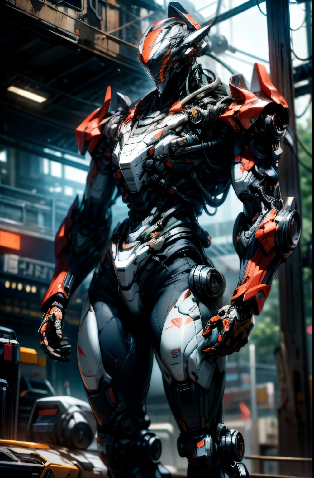 Dark_Fantasy,Cyberpunk,(chain saw,chain saw man,Red:1.1),1man,Mechanical marvel,Robotic presence,Cybernetic guardian, wearing a worn-out mech suit, intricate, (steel metal [rusty]), elegant, clear focus, shot by greg rutkowski, soft lighting, vibrant colors, masterpiece, ((street)), cowboy shot, dynamic pose,