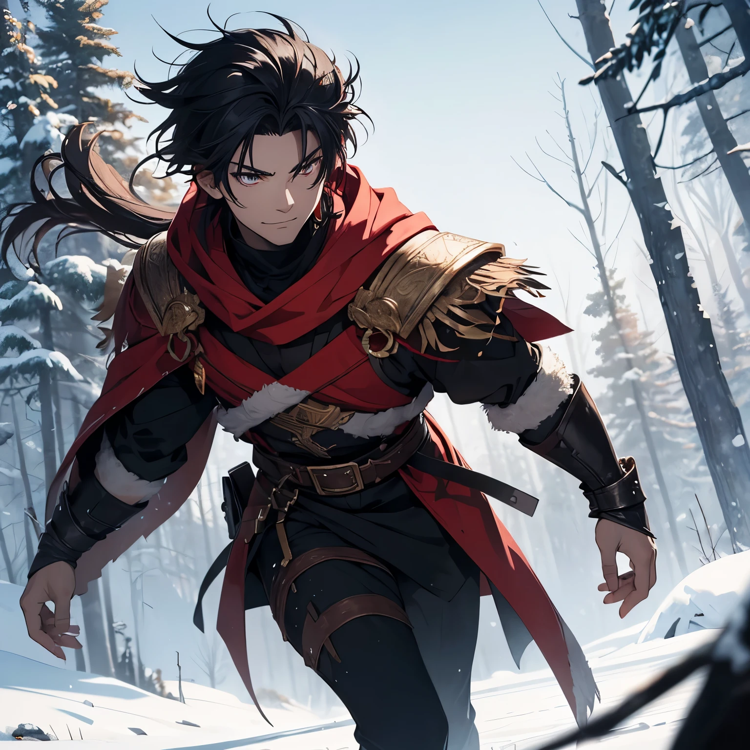 A picture of a person from the novel Scar. This picture is of the protagonist of the novel named Scar. He is 13 years old in a large, snowy, cold forest. Scar is wearing an old mythical costume that suits the novel. He carries a hunting bow on his shoulder. His skin is white and his eye color is black. If the clothes are black and there is a little red in them, Scar’s hair is black. He has beautiful eyes that express...  About strength and danger. He is a very strong and dangerous person He is young, 13 years old, but he is very beautiful and has a beautiful, very sexy smile. A scary, evil smile, but beautiful and sexy. The picture of Scar is smiling and contains great hope and positive energy. In the picture, there is a legendary red bird flying behind Scar. Scar is very white as snow. Scar's eye color is black. 