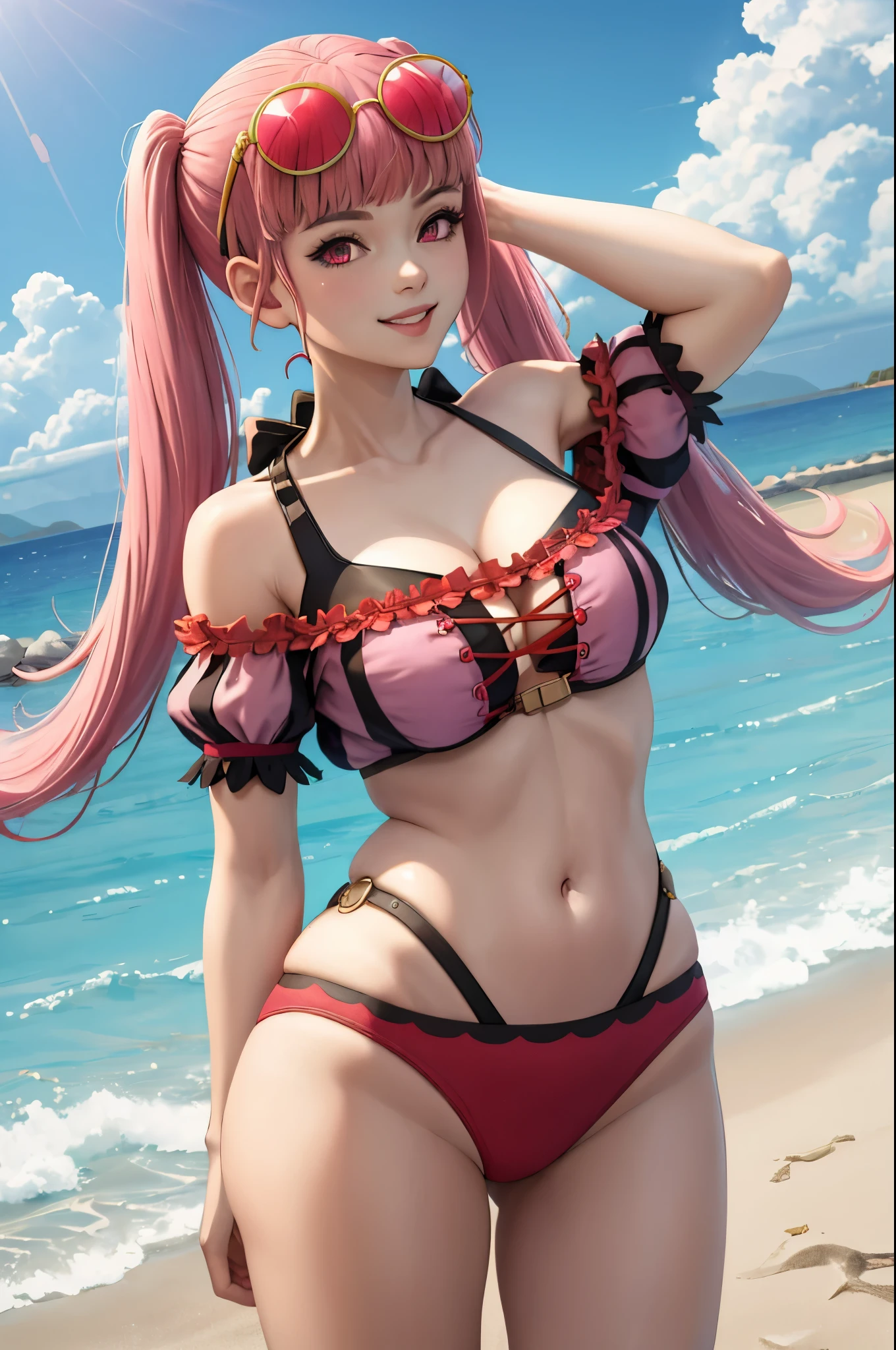 (masterpiece, best quality:1.2), solo, 1girl, hildabikini, smile, looking at viewer, twintails, sunglasses, eyewear on head, pink bikini, off-shoulder bikini, beach, (seductive pose), (sexy pose), cleavage, from behind