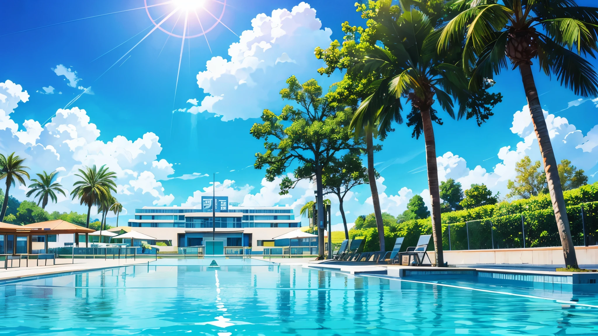 anime, Aqua Park, fun, Splashing water, sunlight, Without people, A deserted place