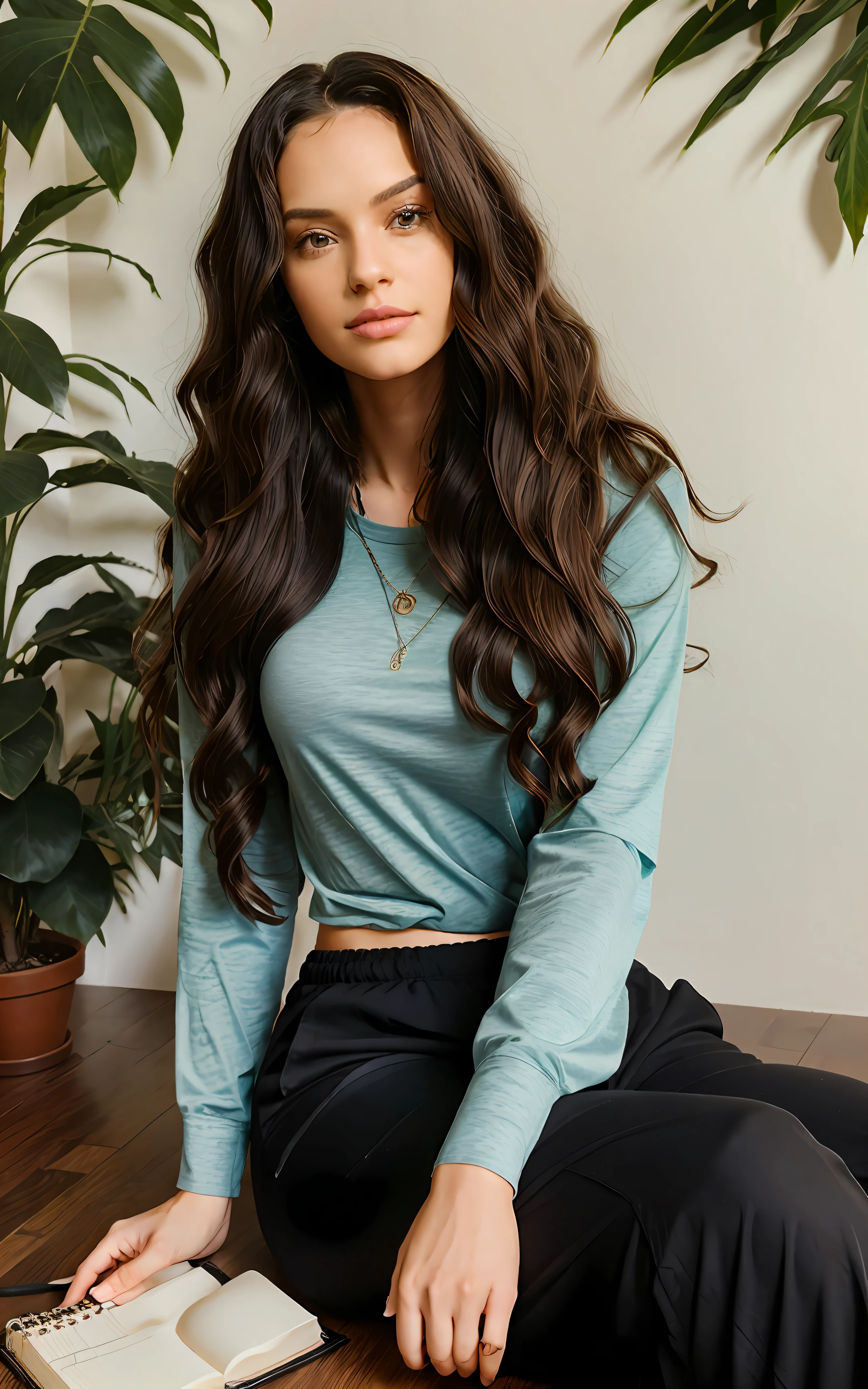 1 mulher adulta, Cabelo longo, Encaracolado hair, cachos, Encaracolado, Cabelo preto, olhos castanhos, sky, plantas, camisa longa, pants, caderno, sentado