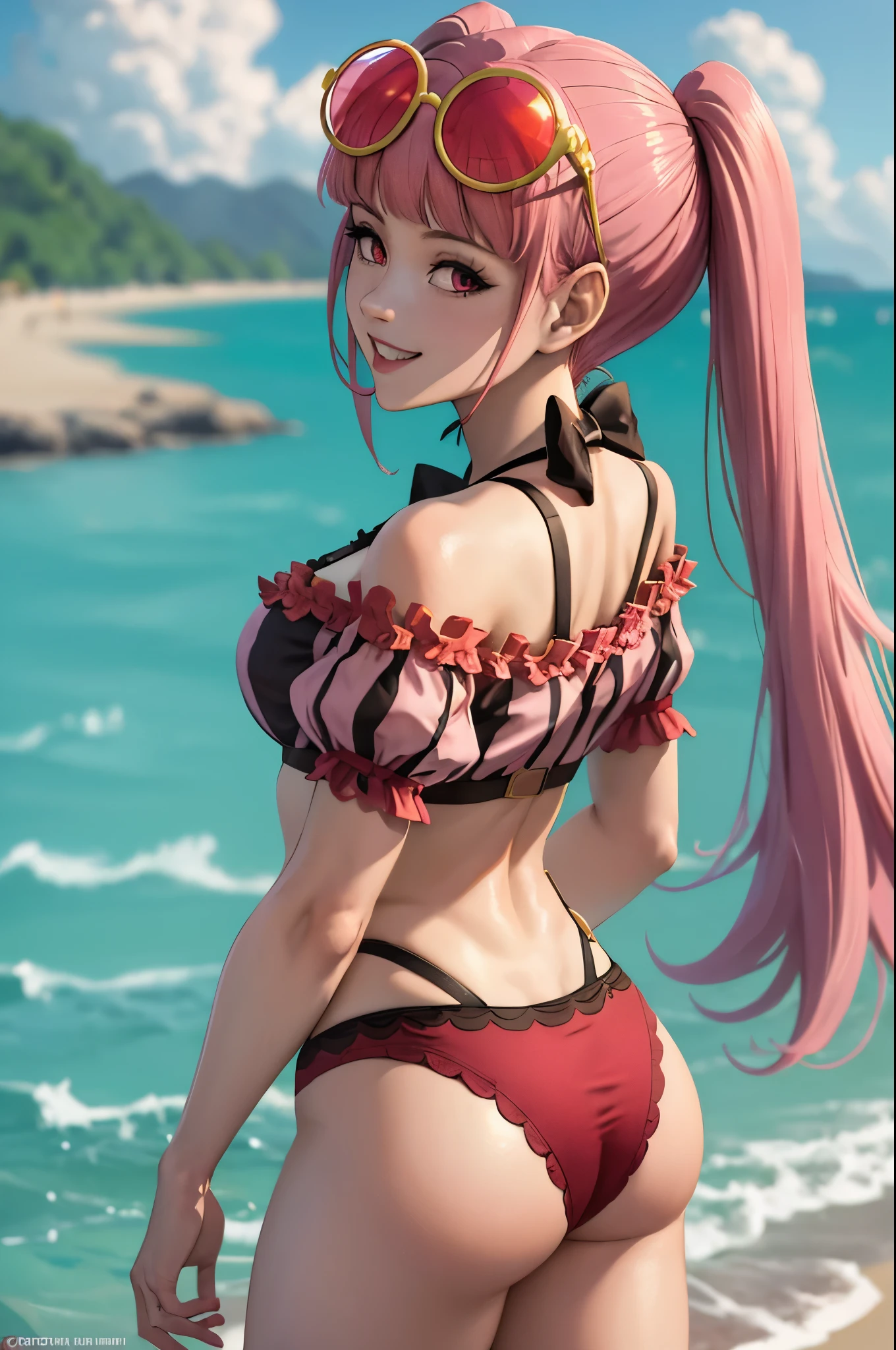 (masterpiece, best quality:1.2), solo, 1girl, hildabikini, smile, looking at viewer, twintails, sunglasses, eyewear on head, pink bikini, off-shoulder bikini, beach, (seductive pose), (sexy pose), cleavage, from behind