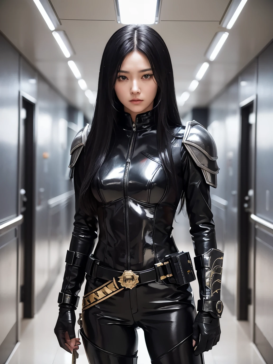 Beautiful woman. Twenty years old. long black hair.she wears black metallic combat uniform. There is something on his waist that is reminiscent of Kamen Rider's transformation belt. she has a long sword in both hands. She is standing in the hallway of the spaceship. An angry look.